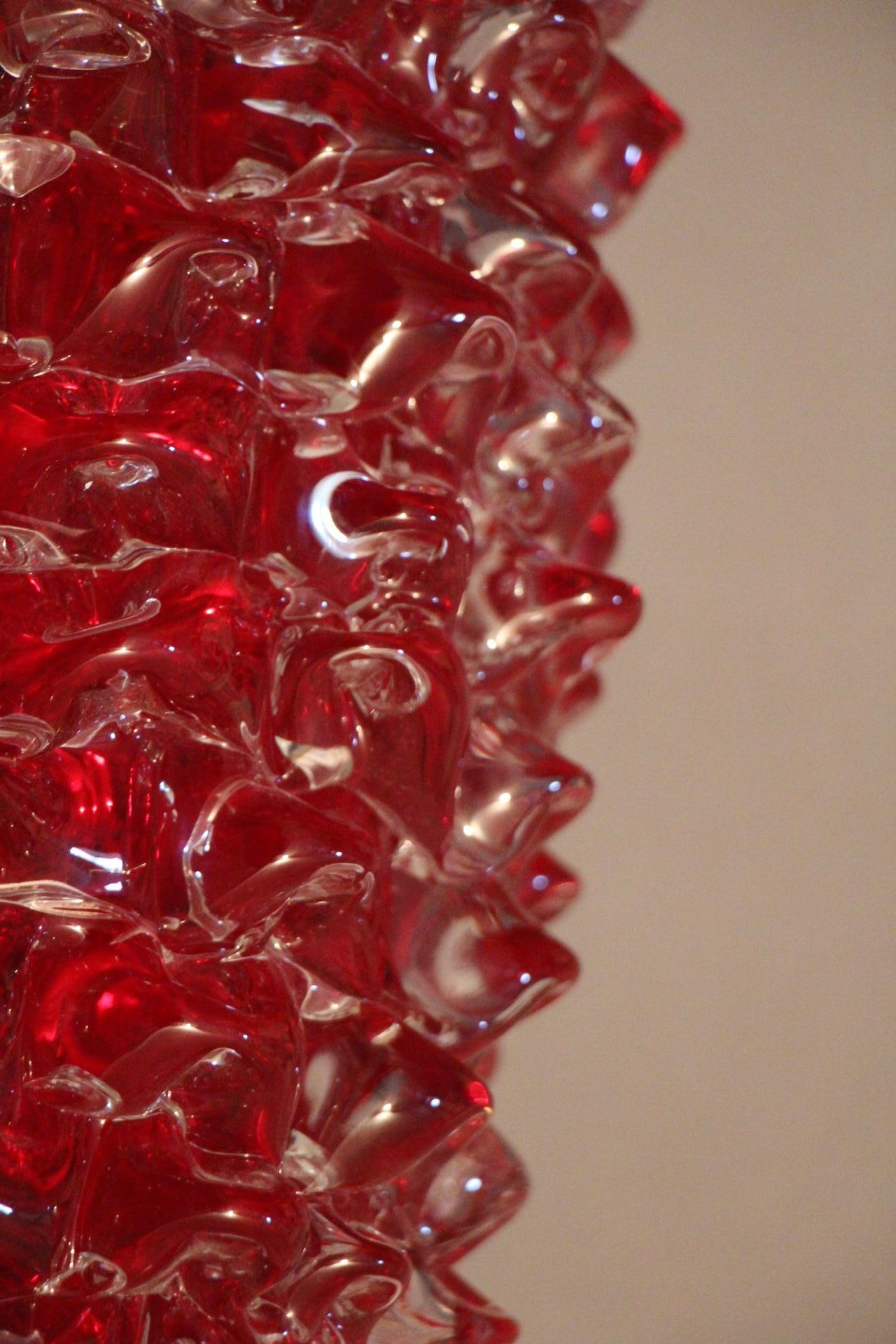 20th Century Tall Vase in Ruby Red Murano Glass with Rostrato Spikes Decor For Sale