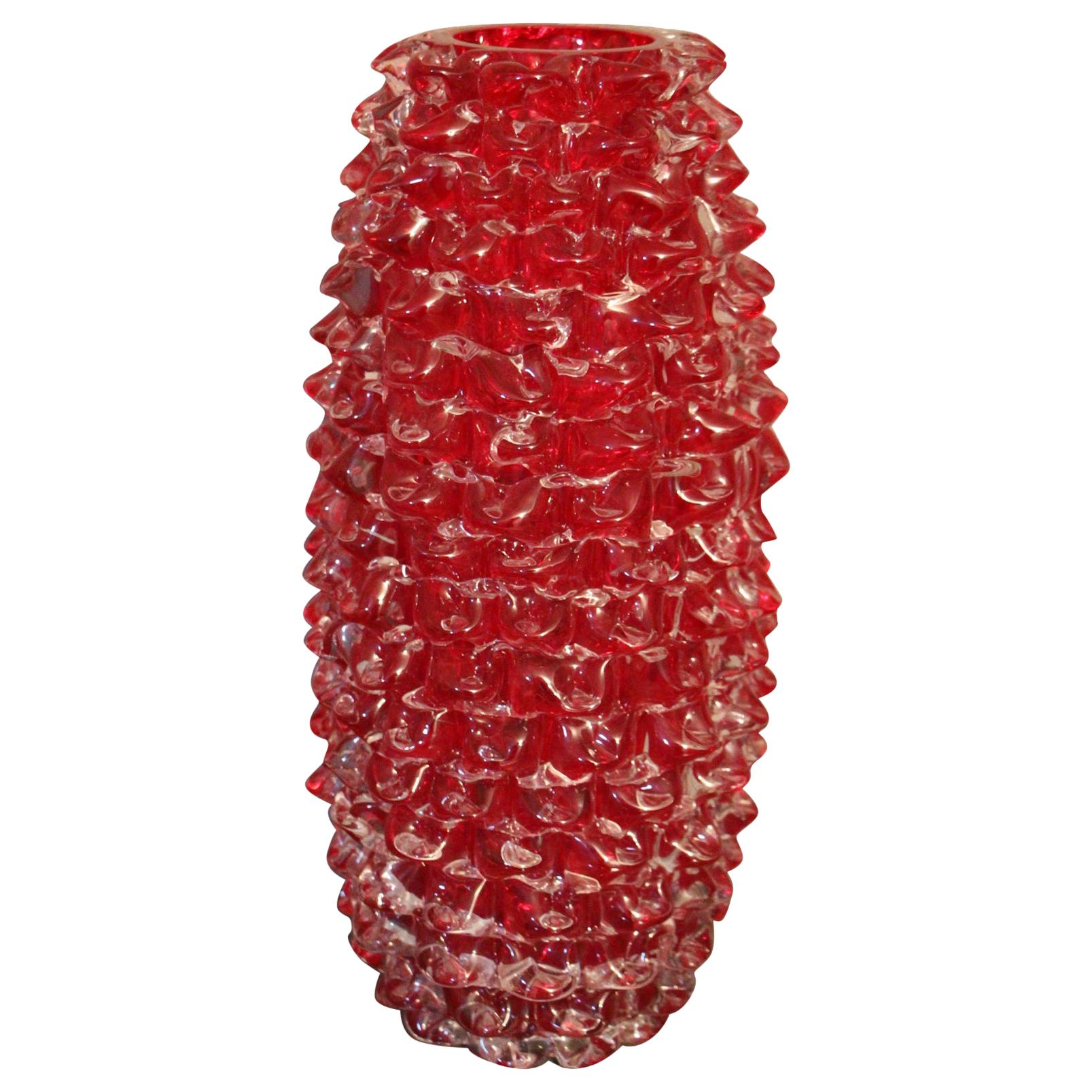 Tall Vase in Ruby Red Murano Glass with Rostrato Spikes Decor For Sale