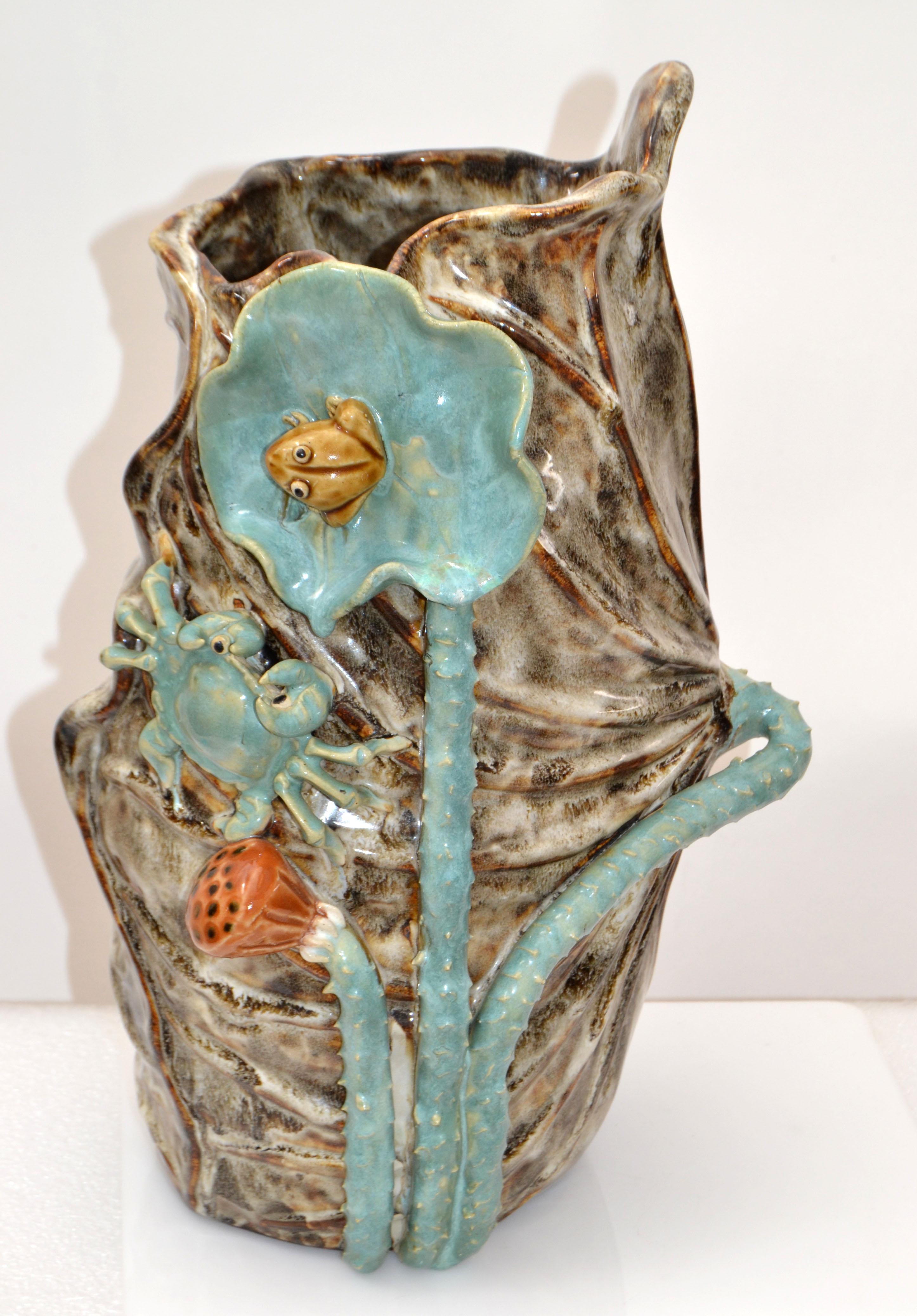 20th Century Tall Vase Mid-Century Modern Glazed Earthenware Frog & Crab Nautical Motif, 1970 For Sale