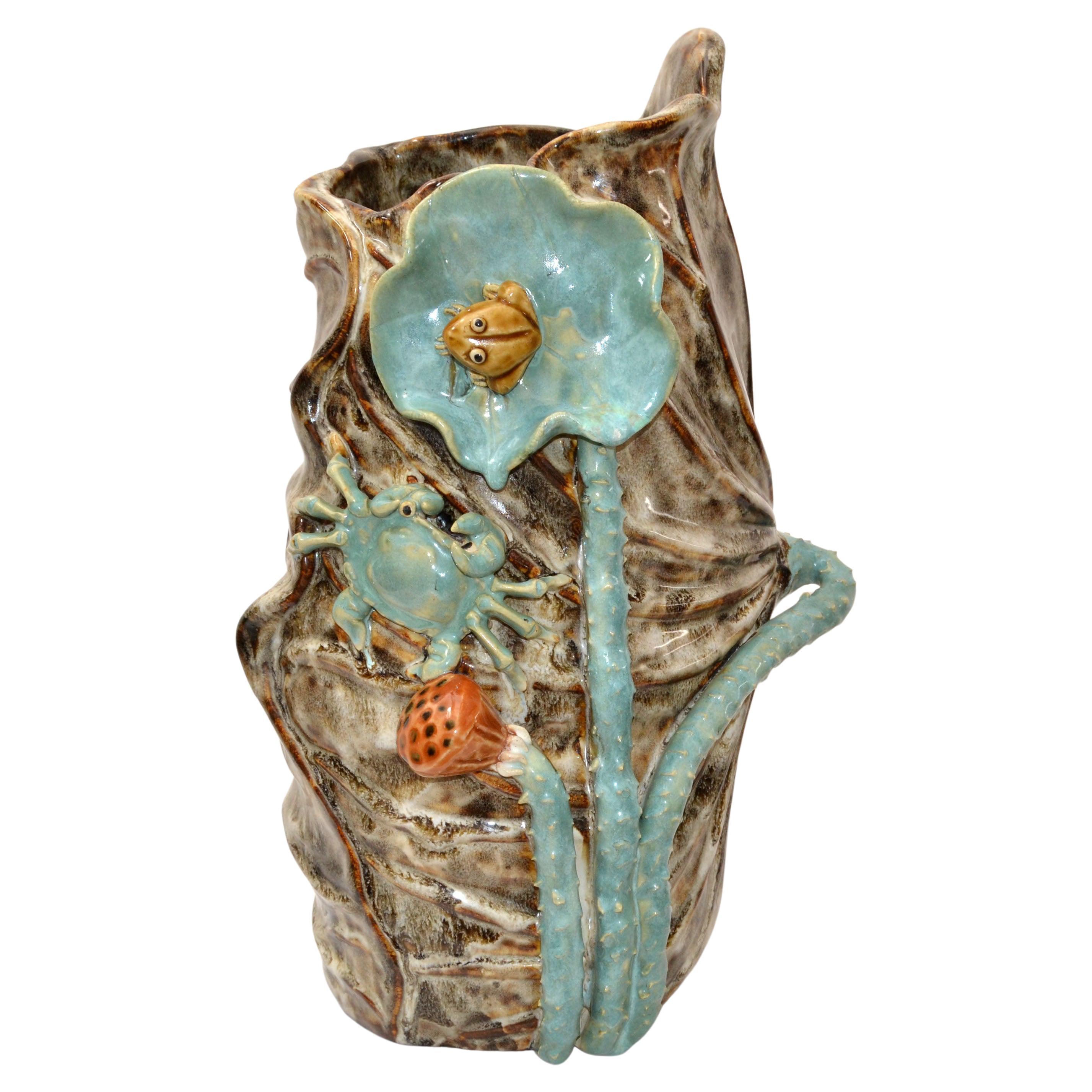 Tall Vase Mid-Century Modern Glazed Earthenware Frog & Crab Nautical Motif, 1970