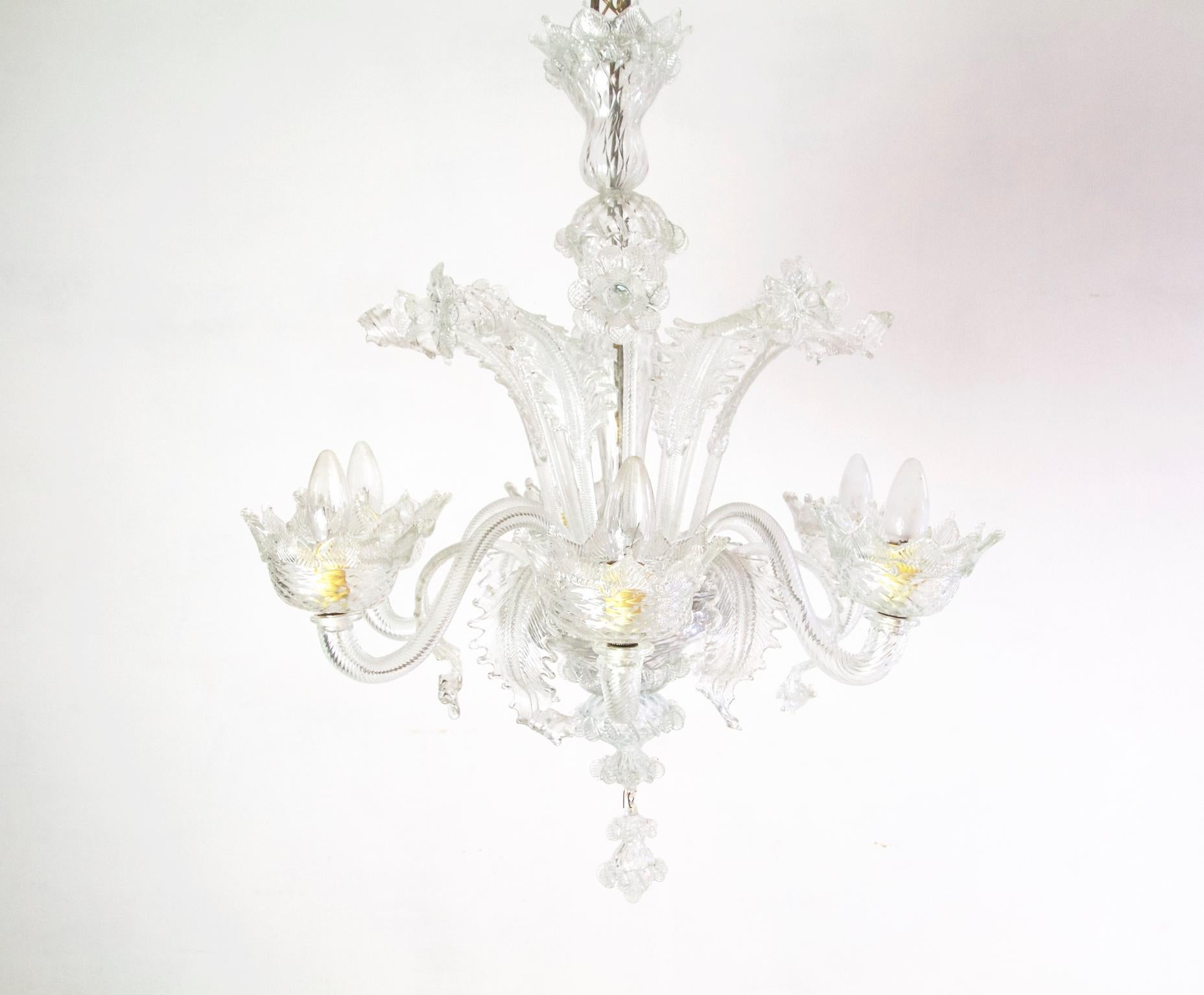 Rococo Murano Chandelier with Six Arms in Clear Glass, circa 1950
