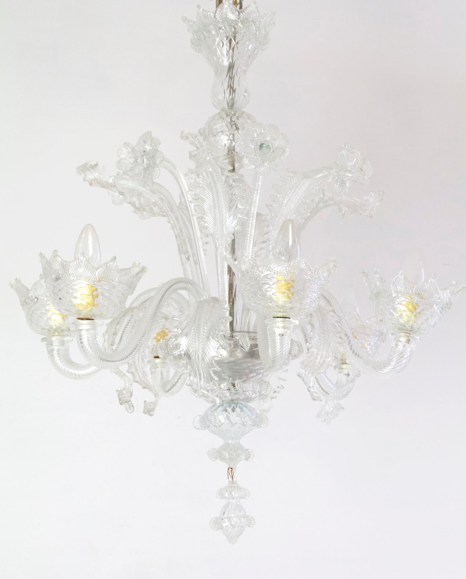 Italian Murano Chandelier with Six Arms in Clear Glass, circa 1950