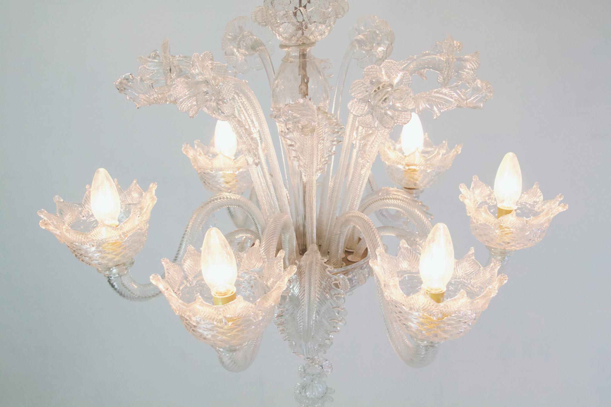 Murano Chandelier with Six Arms in Clear Glass, circa 1950 In Excellent Condition In Albano Laziale, Rome/Lazio