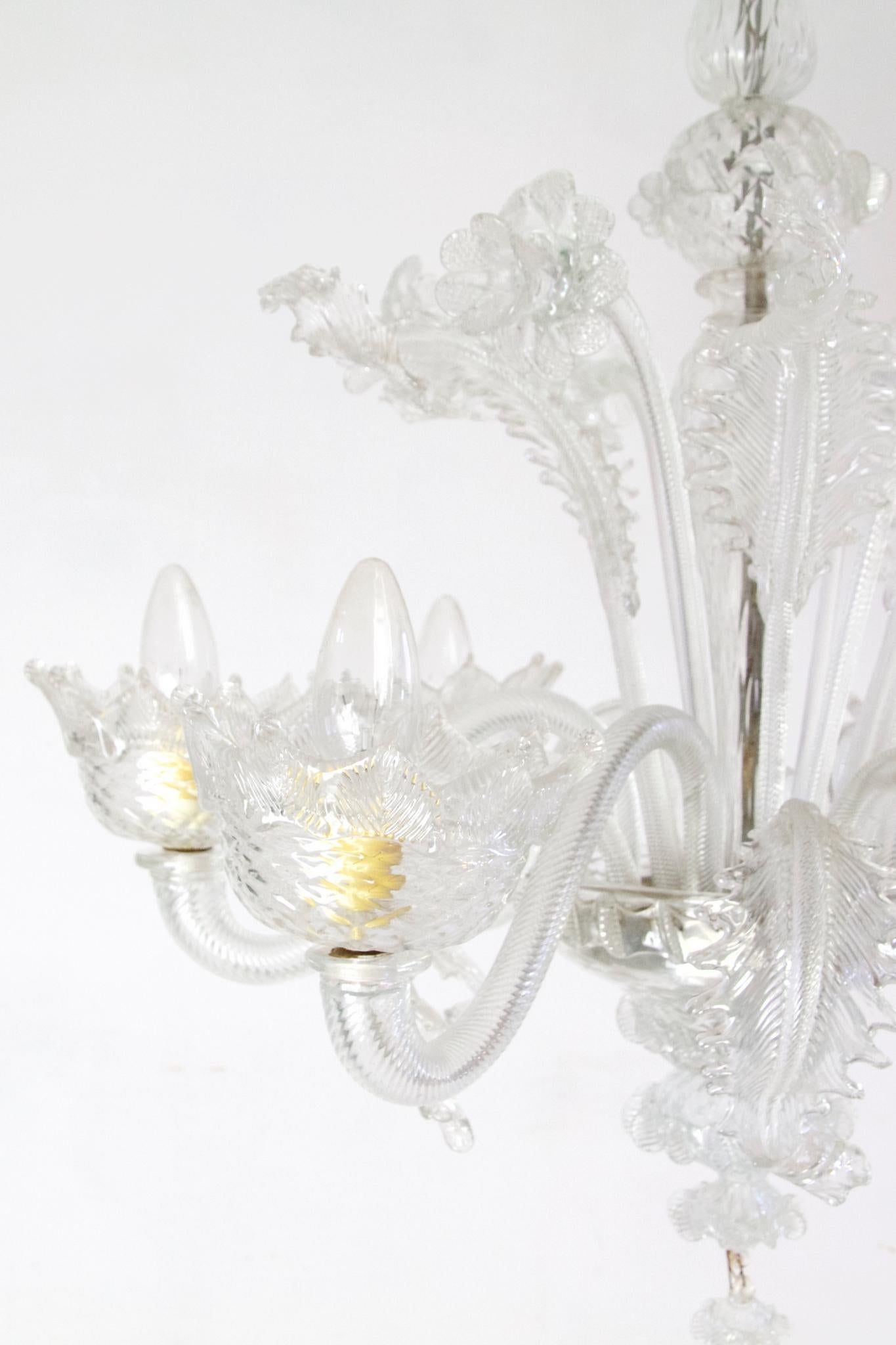 20th Century Murano Chandelier with Six Arms in Clear Glass, circa 1950