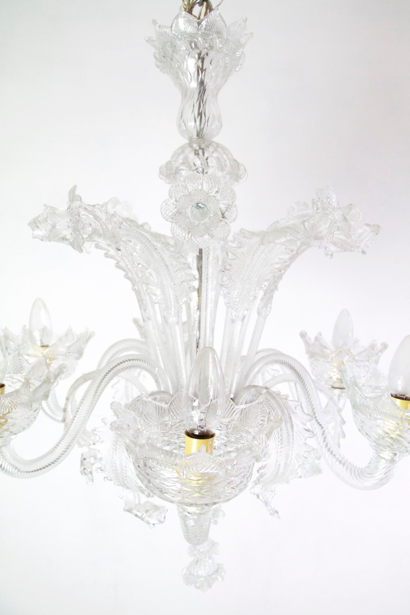 Murano Glass Murano Chandelier with Six Arms in Clear Glass, circa 1950