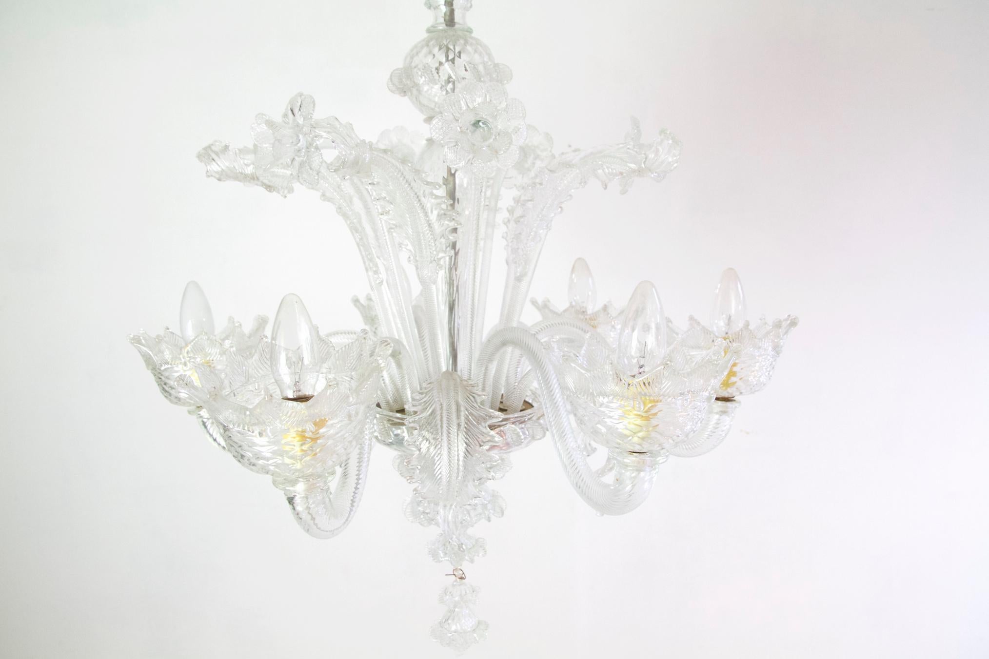 Murano Chandelier with Six Arms in Clear Glass, circa 1950 2