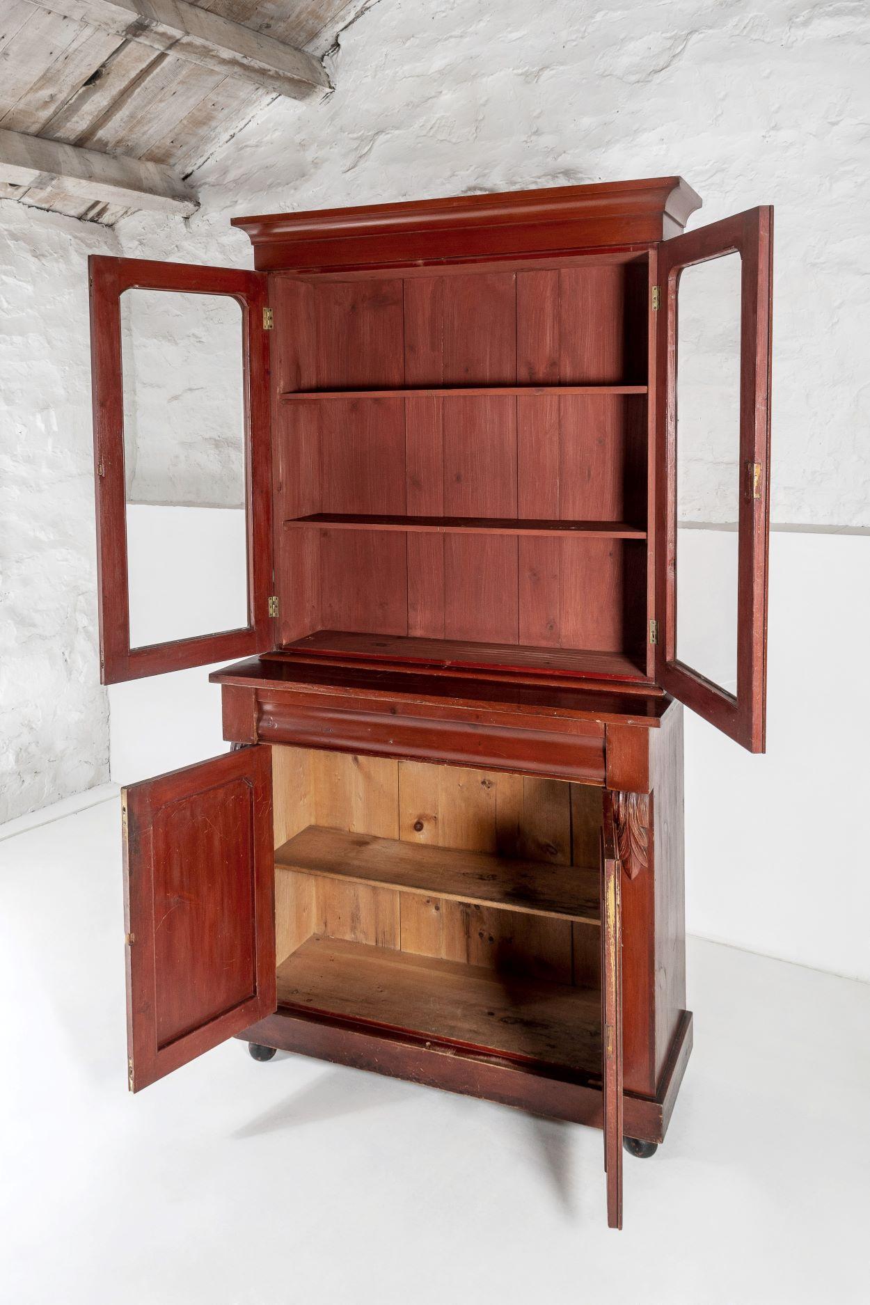 Rococo Revival Tall Victorian Dresser Unit Bookcase with Original Glazing and Red Brown Lacquer For Sale