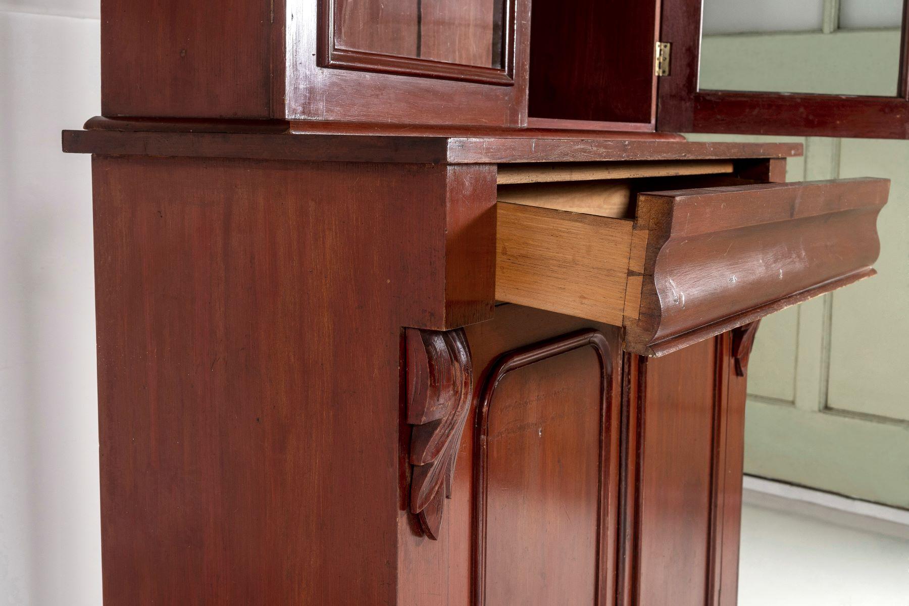 Lacquered Tall Victorian Dresser Unit Bookcase with Original Glazing and Red Brown Lacquer For Sale