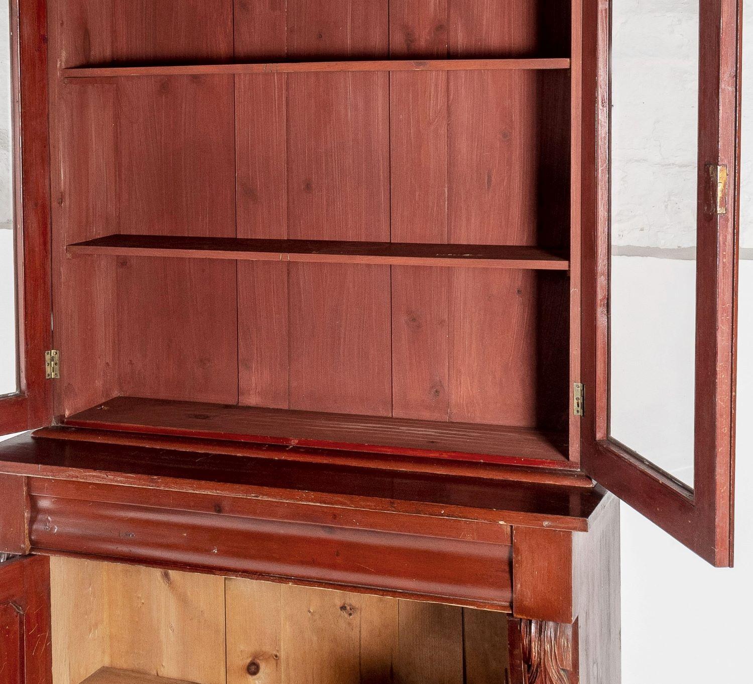 Pine Tall Victorian Dresser Unit Bookcase with Original Glazing and Red Brown Lacquer For Sale