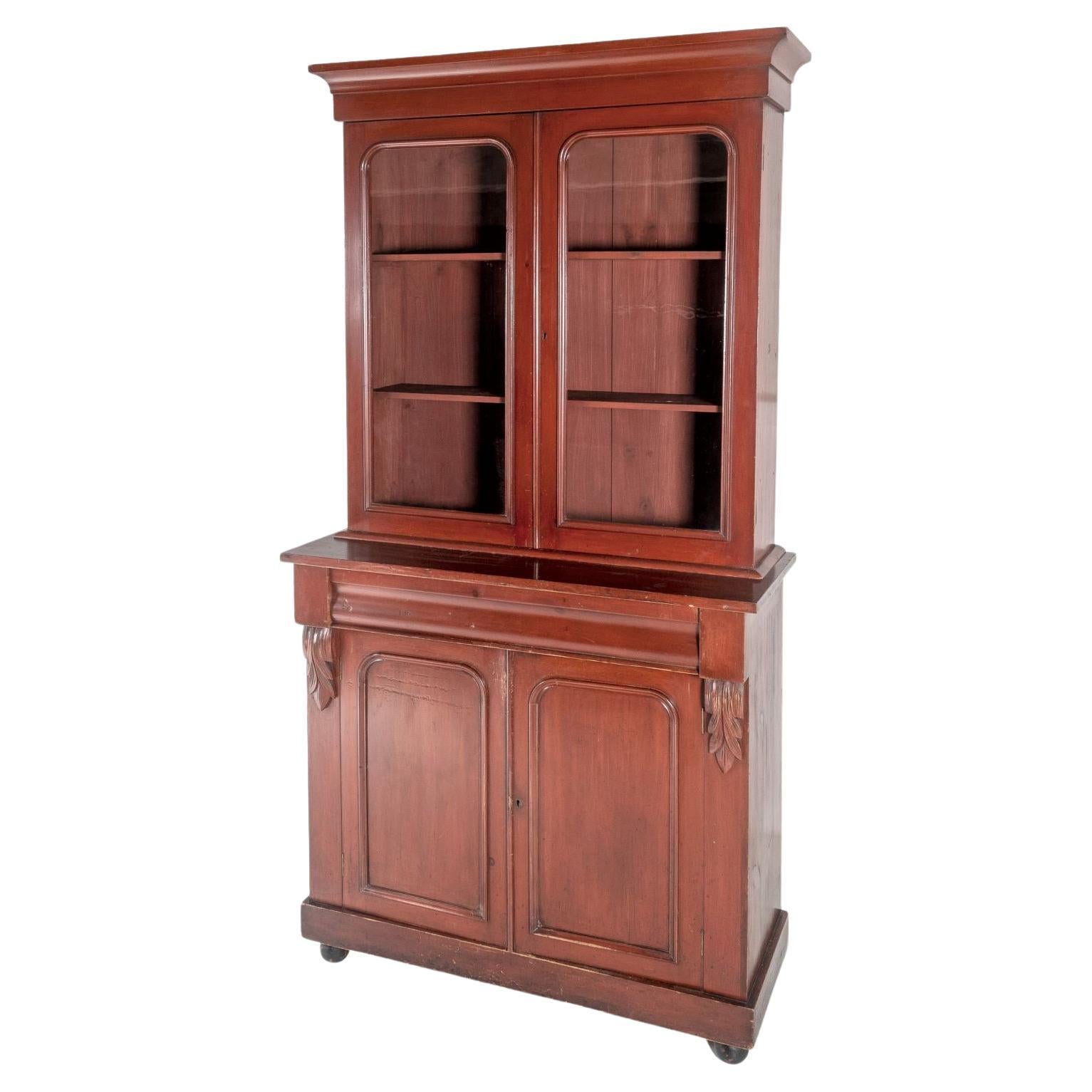 Tall Victorian Dresser Unit Bookcase with Original Glazing and Red Brown Lacquer For Sale