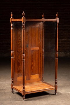 Tall Victorian Oak Rolling Glass Display Cabinet