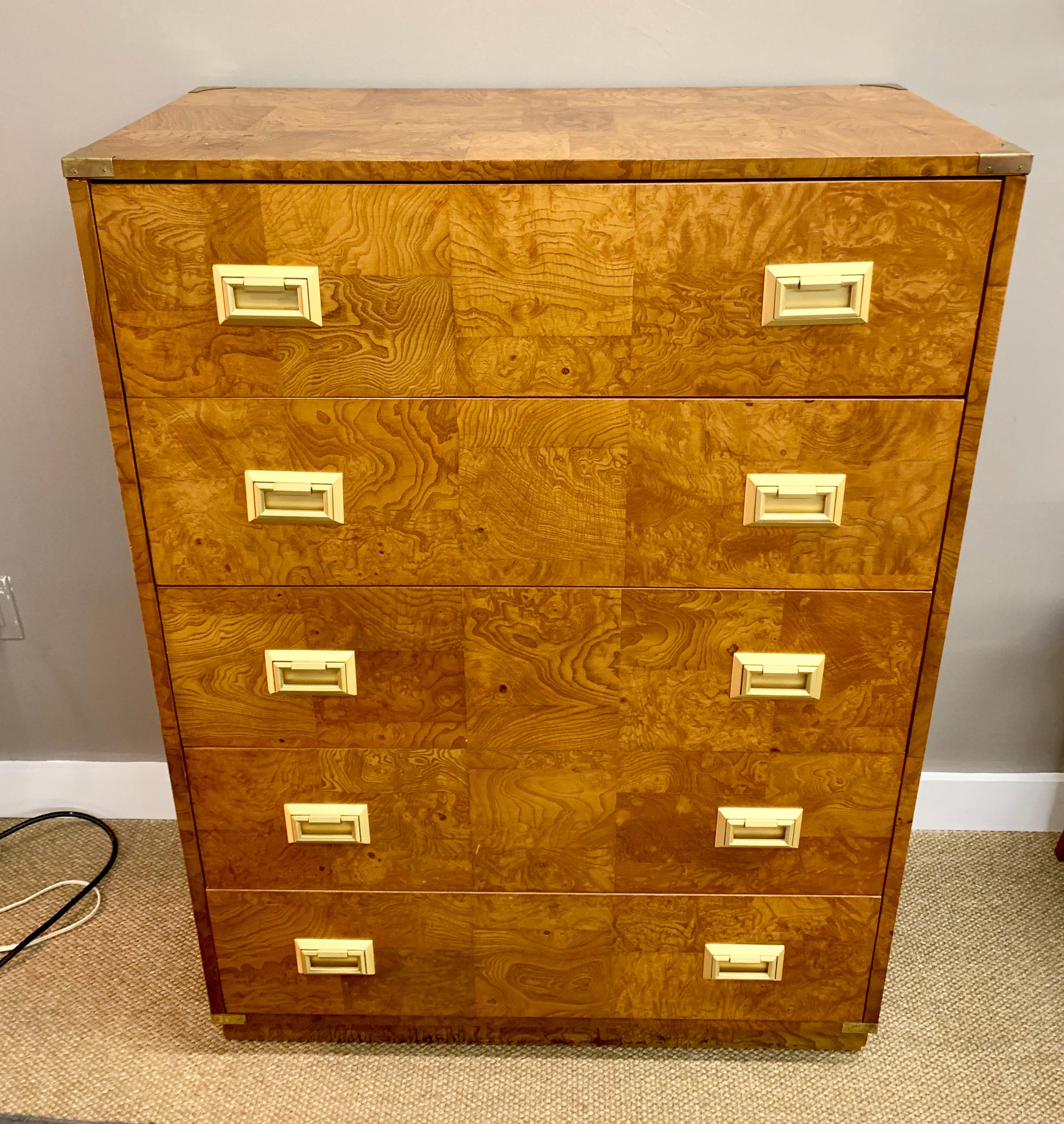 Rare Bernhardt tall campaign chest that features five drawers. Signed by manufacturer in the top drawer.
Burl with veneer.