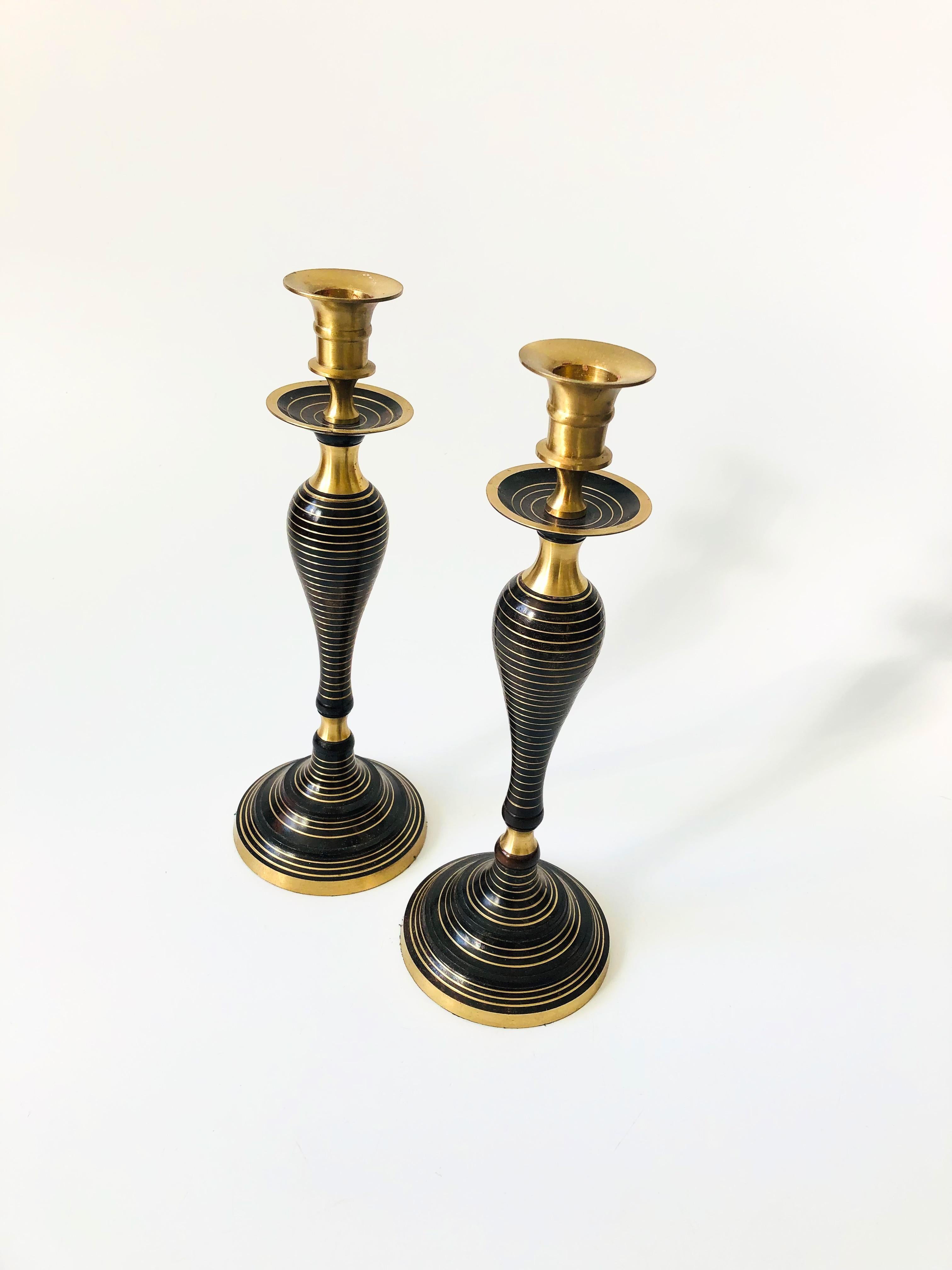 Vintage Black Enamel and Brass Candleholders