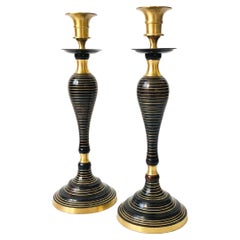 Tall Vintage Black and Brass Candle Holders, Set of 2