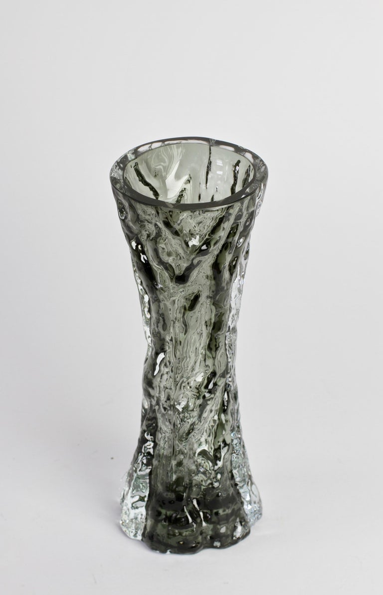 Tall Vintage Black Smoked Glass Tree Bark Vase by Ingrid Glas, circa