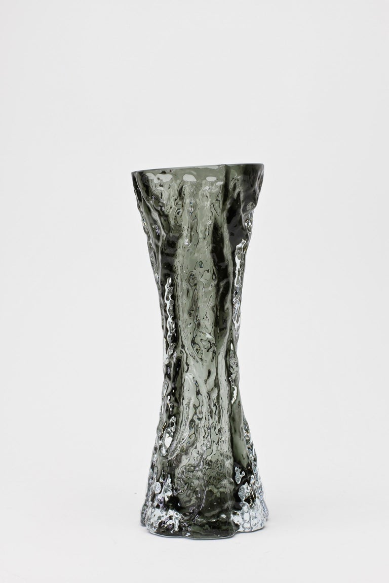Tall Vintage Black Smoked Glass Tree Bark Vase by Ingrid Glas, circa