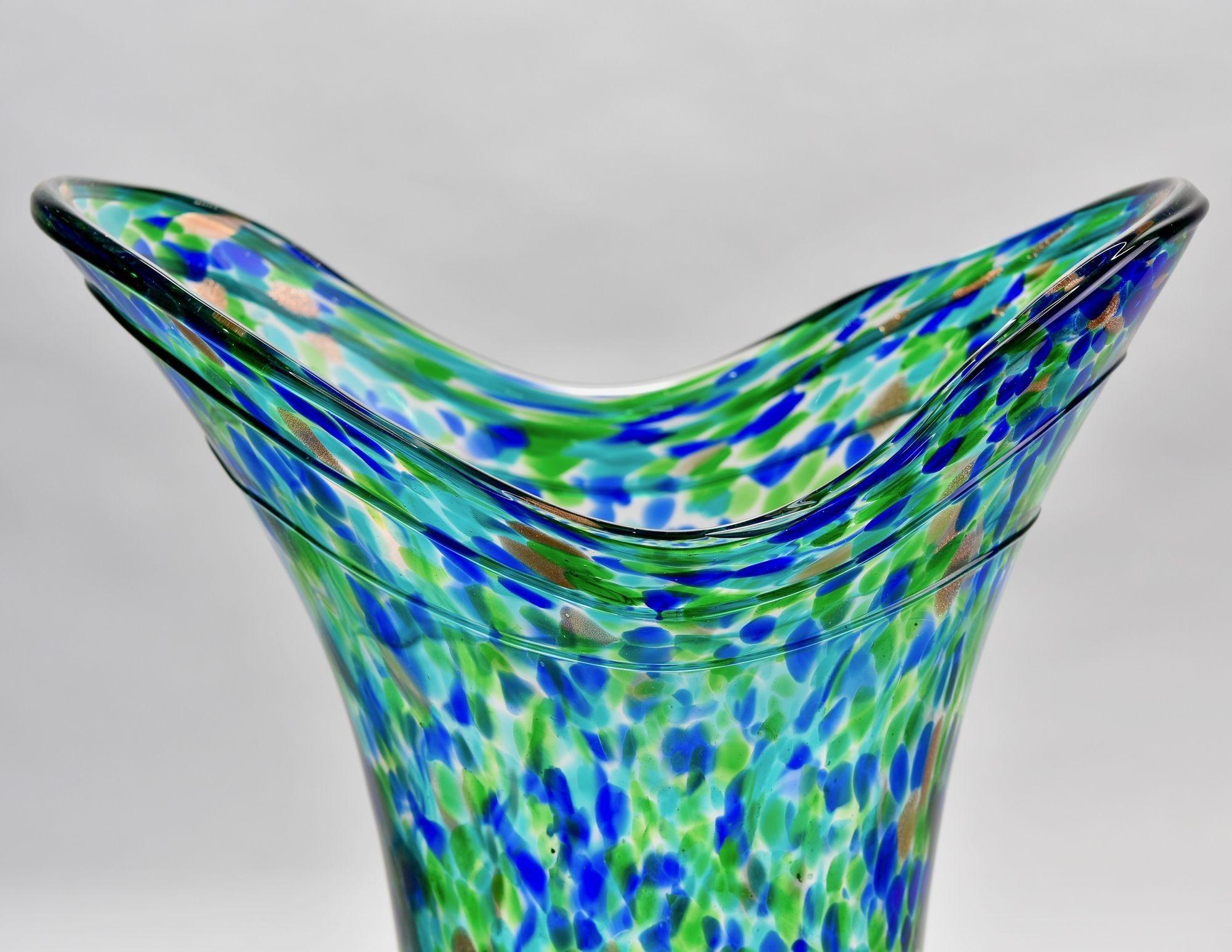 Tall Vintage Blue Green Gold Splatter Art Glass Vase For Sale 3