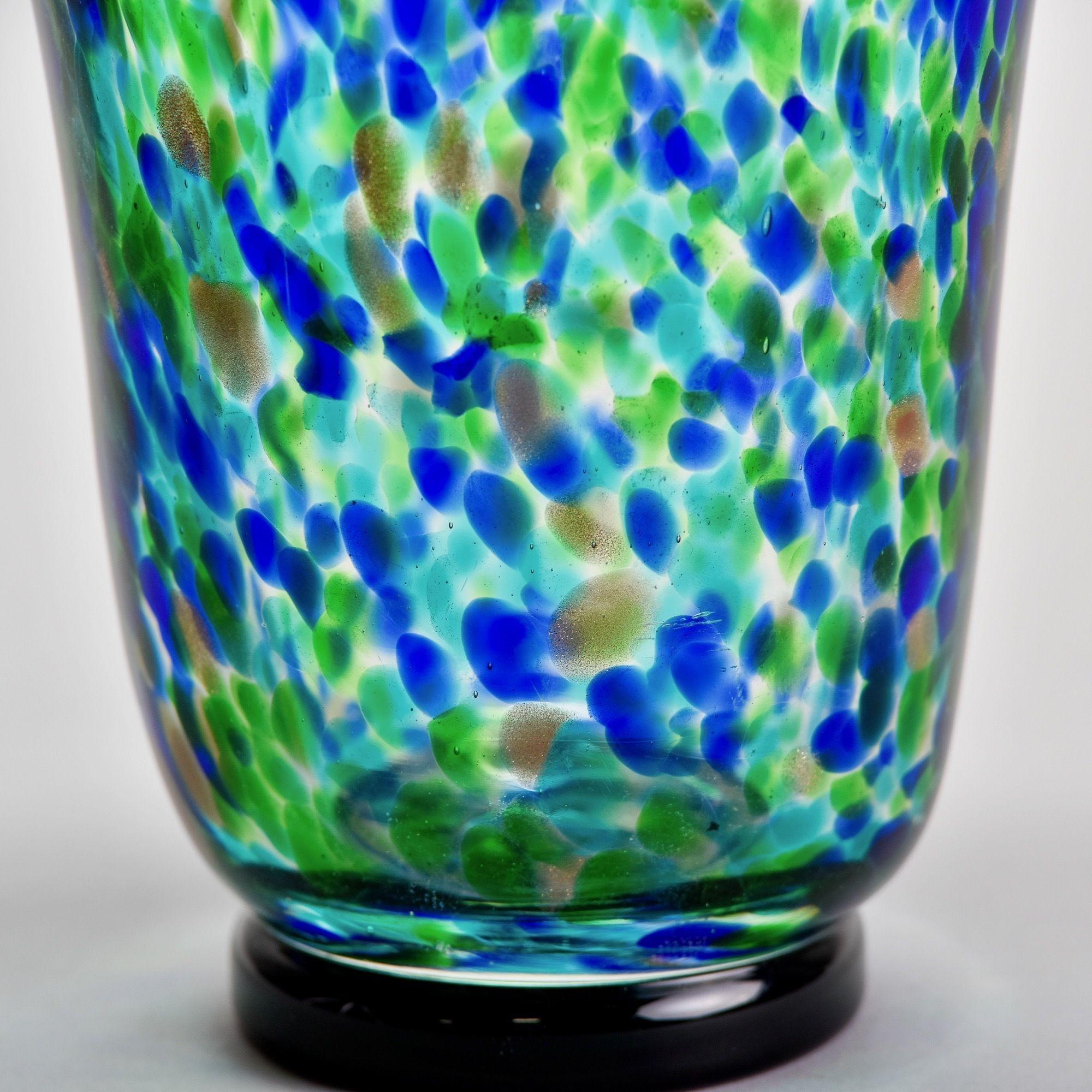 Tall Vintage Blue Green Gold Splatter Art Glass Vase For Sale 4