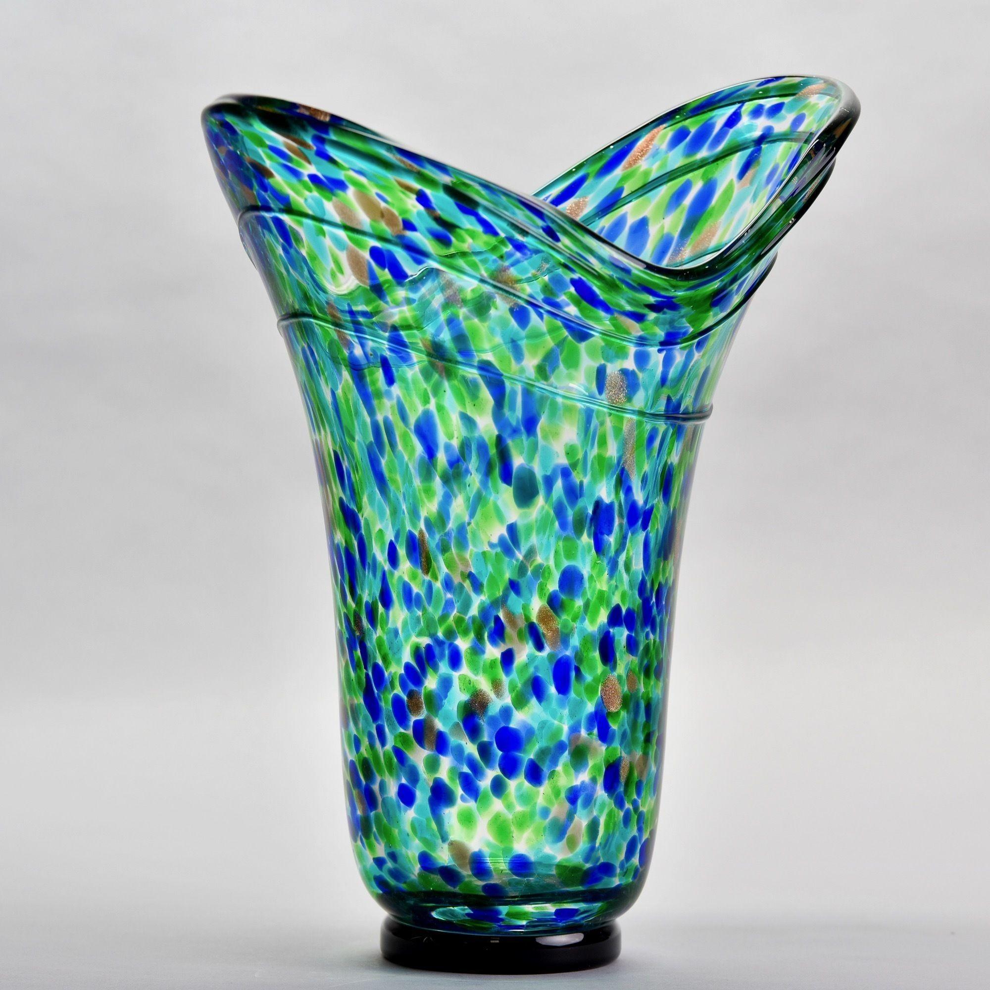 Mid-Century Modern Tall Vintage Blue Green Gold Splatter Art Glass Vase For Sale