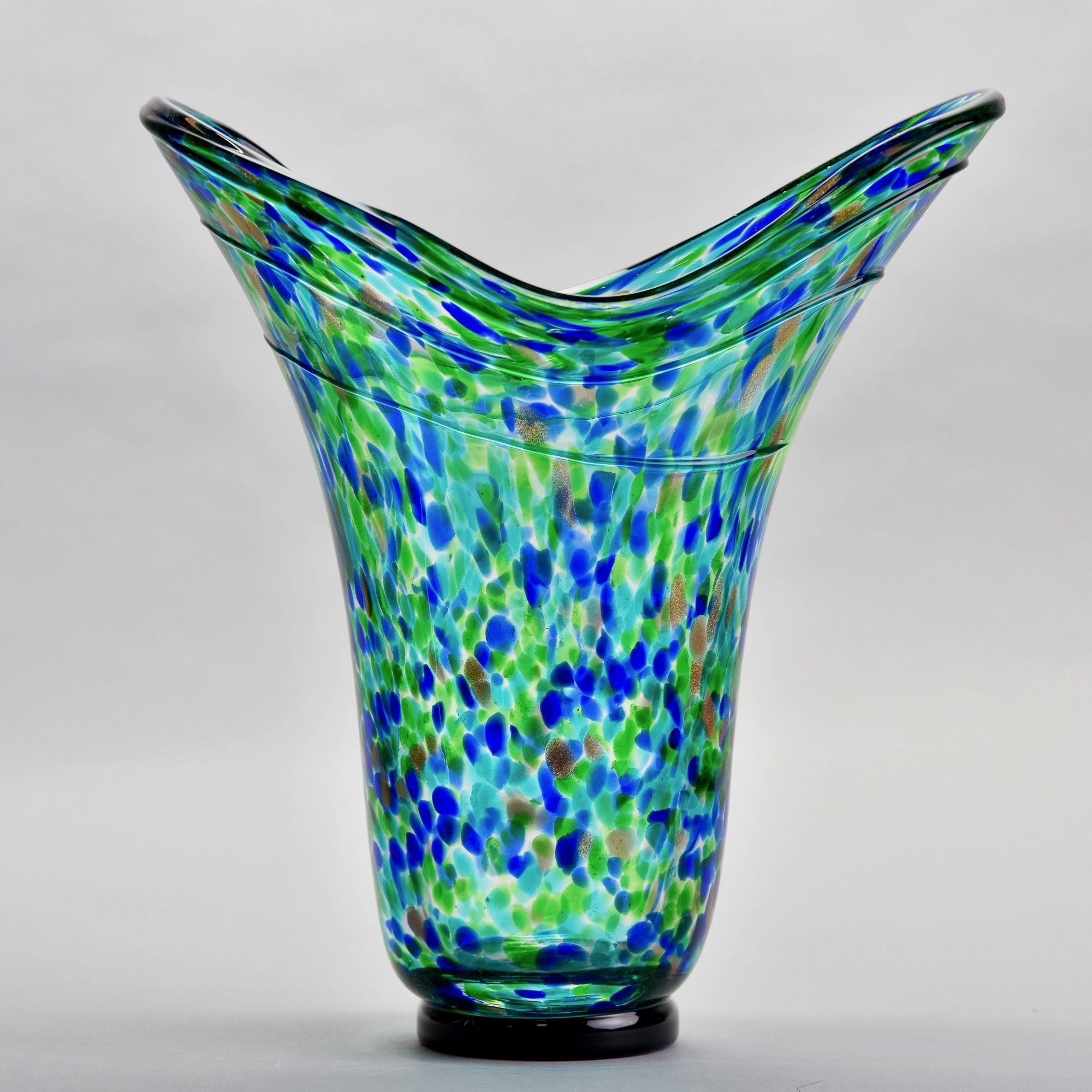 American Tall Vintage Blue Green Gold Splatter Art Glass Vase For Sale
