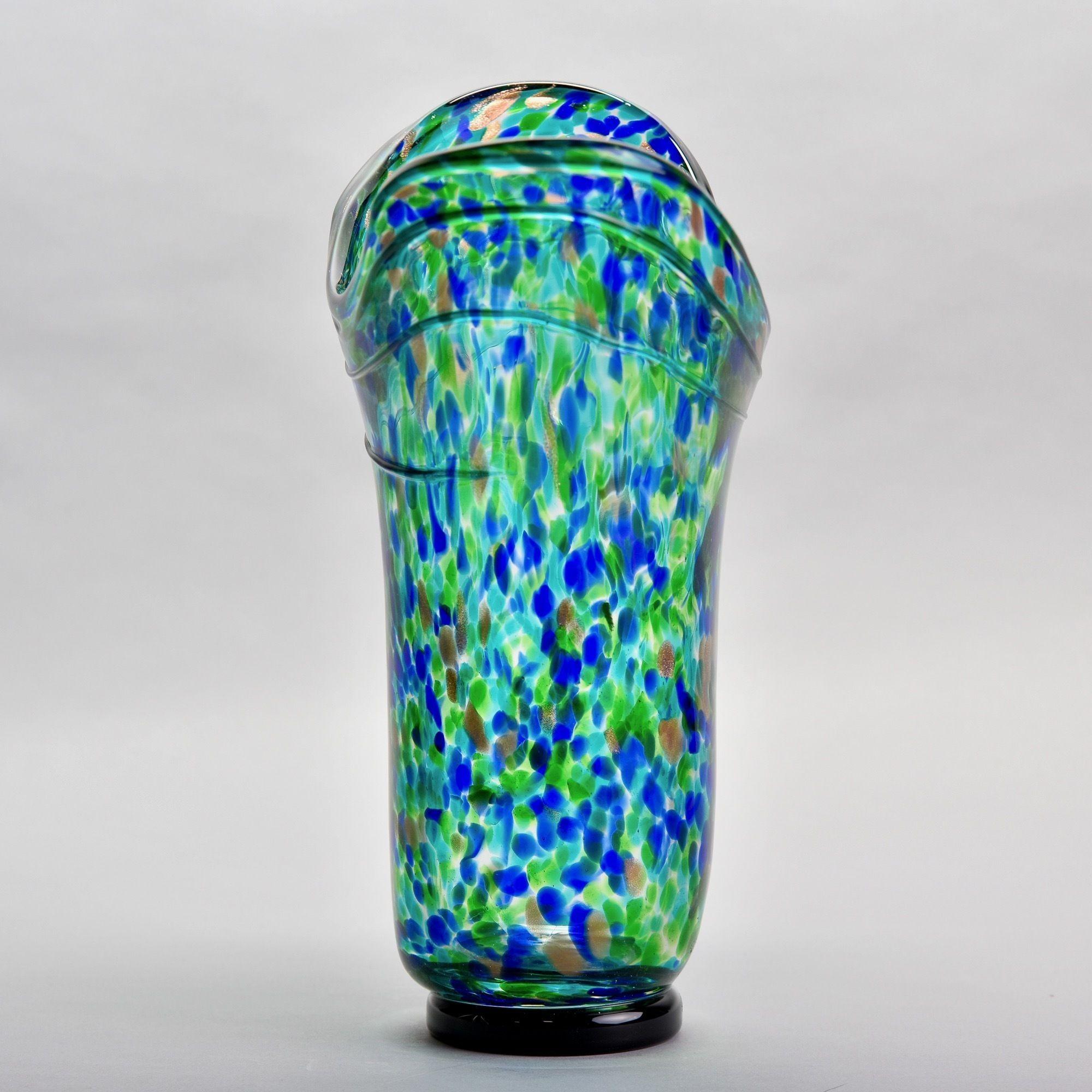 Late 20th Century Tall Vintage Blue Green Gold Splatter Art Glass Vase For Sale