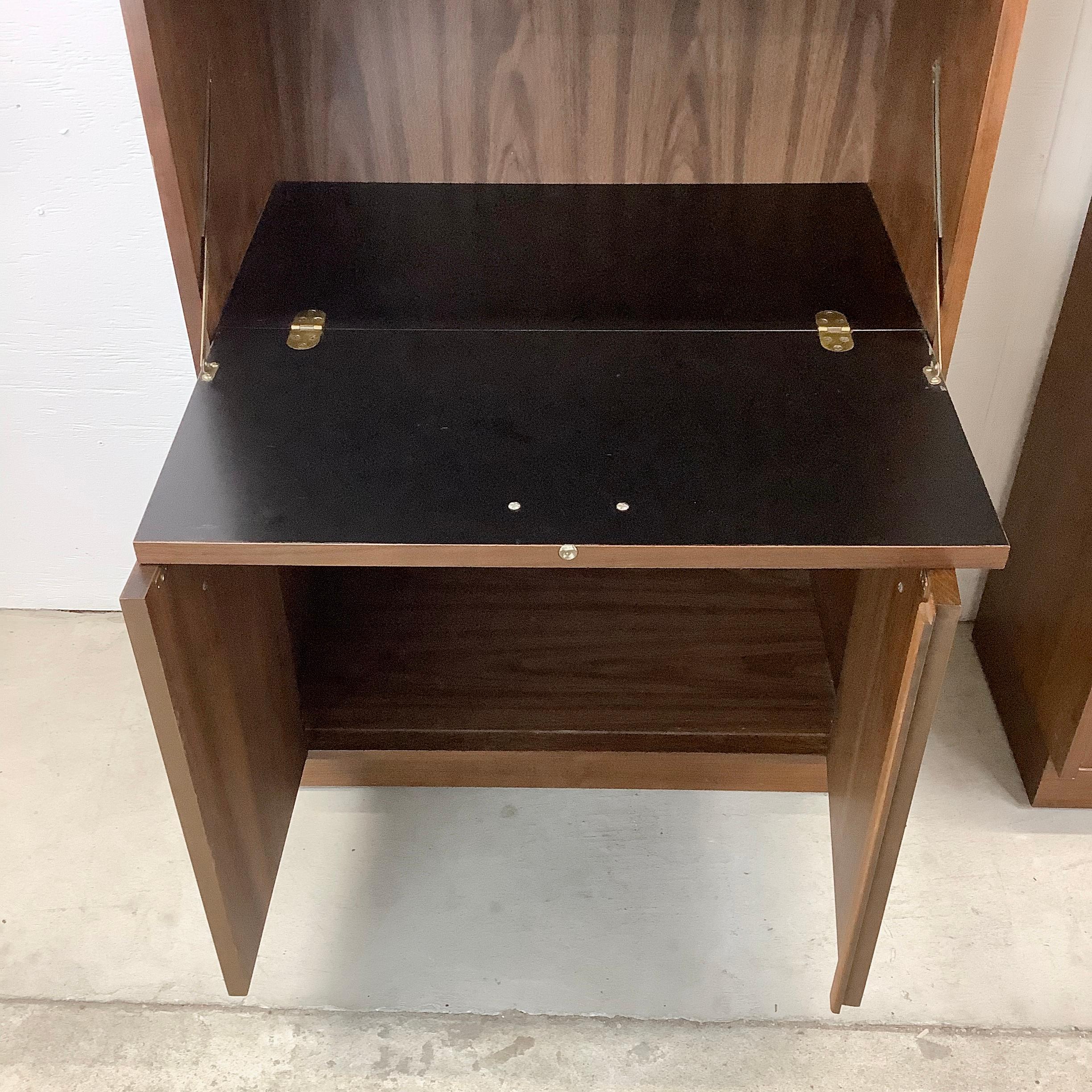 Mid-Century Modern Tall Vintage Bookshelves With Drop Front Cabinet & Drawers
