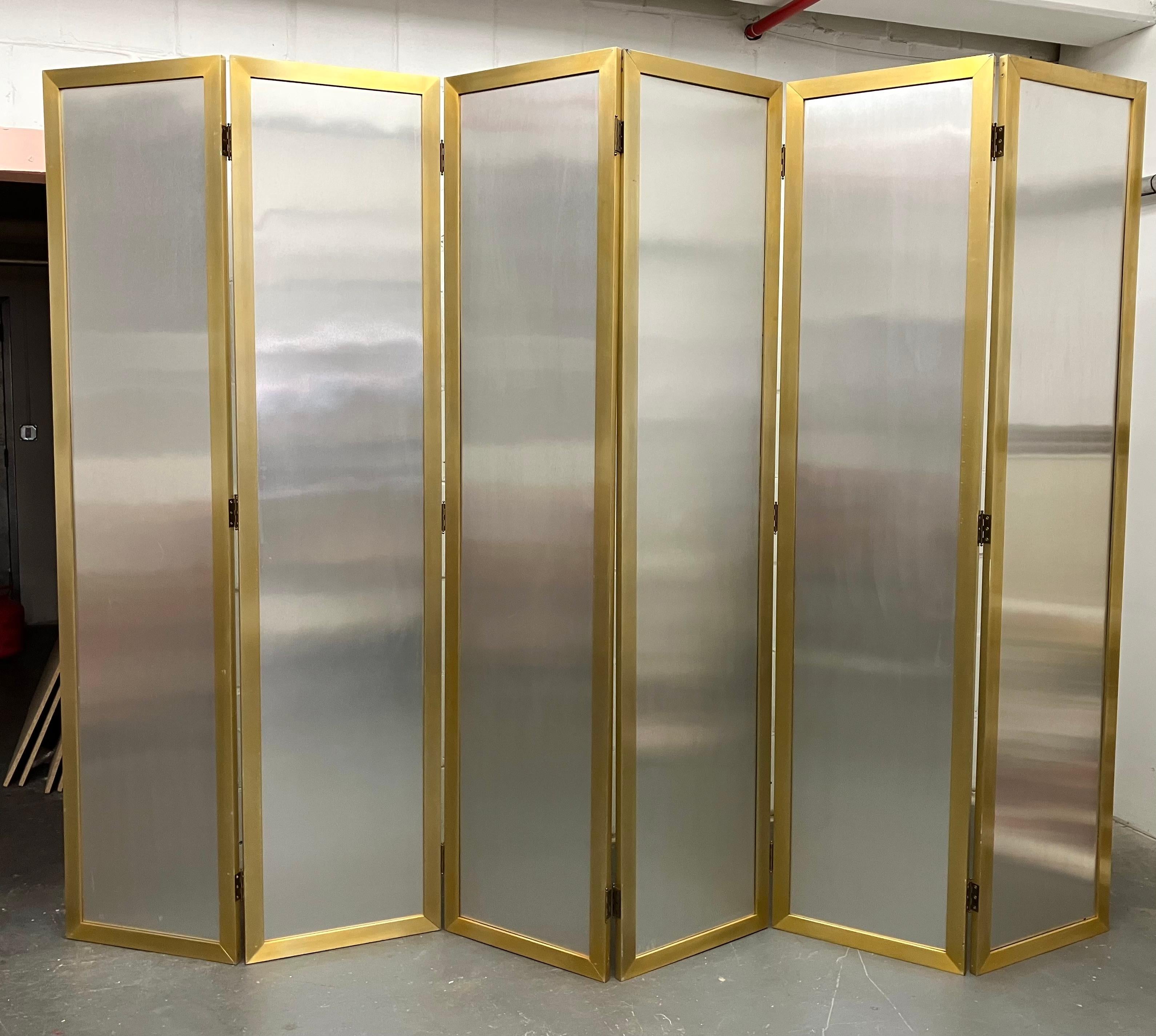 Late 20th Century Tall Vintage Brass and Brushed Aluminum 6-Panel Screen For Sale