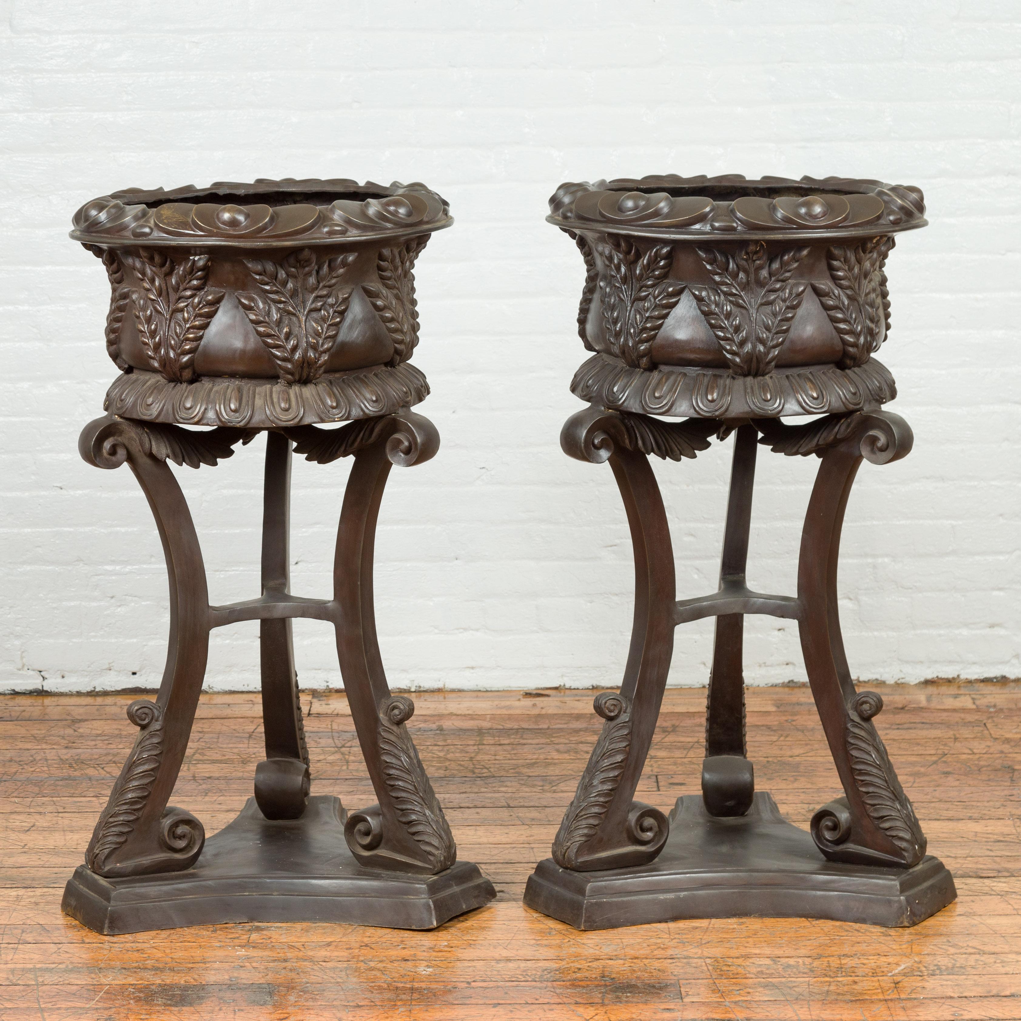 Tall Vintage Bronze European Style Tripod Planter with Raised Floral Motifs For Sale 5