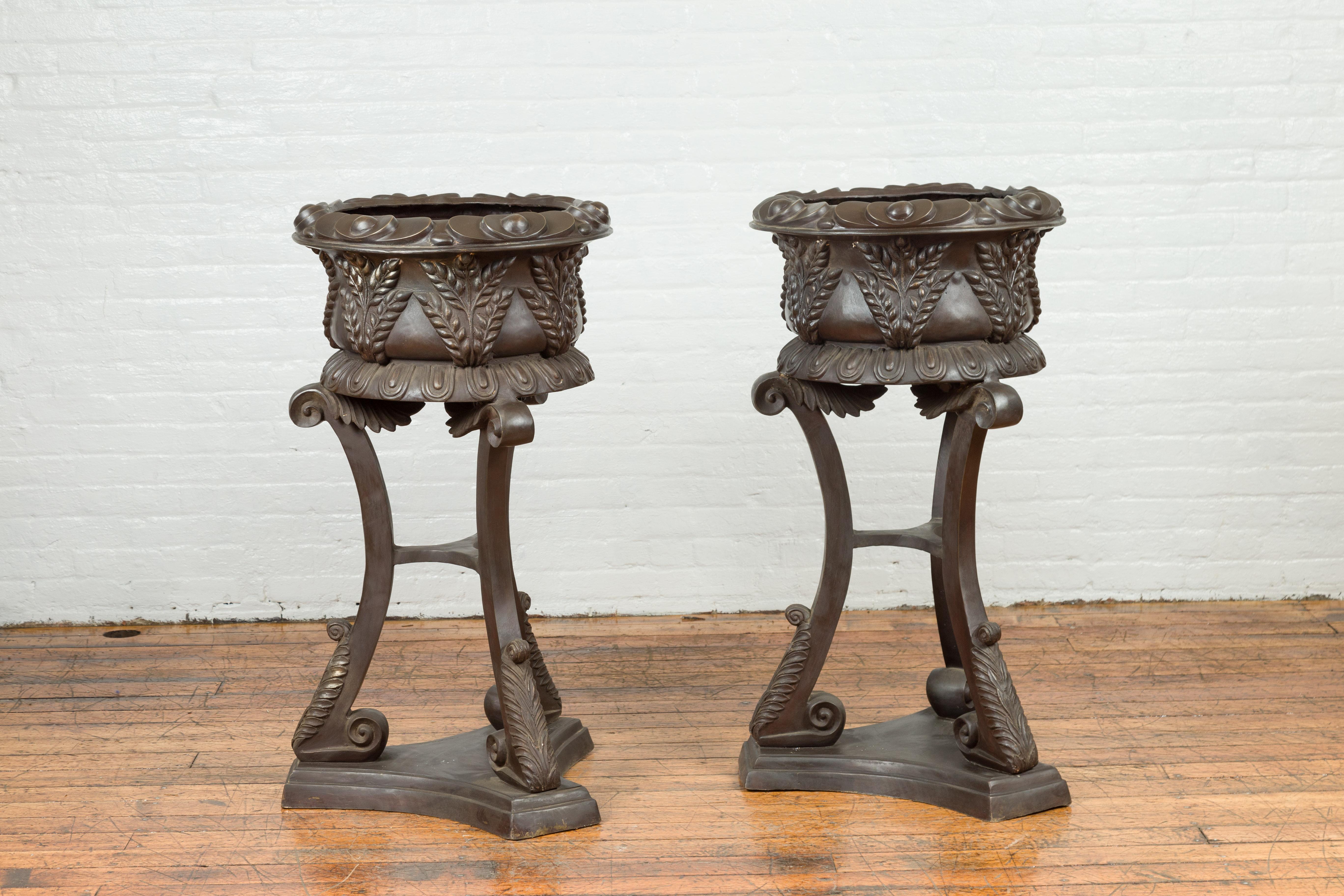 Tall Vintage Bronze European Style Tripod Planter with Raised Floral Motifs For Sale 6