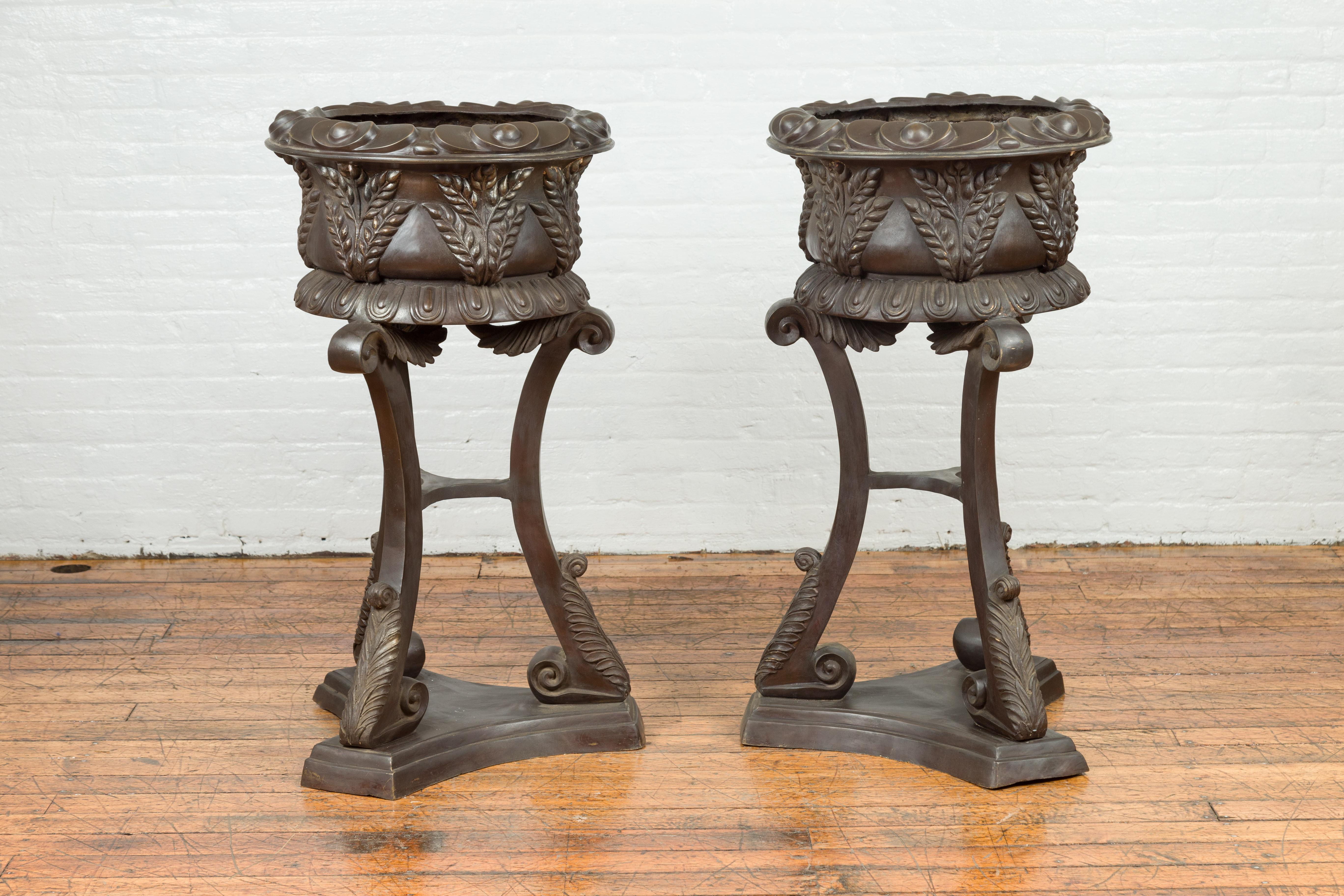 Tall Vintage Bronze European Style Tripod Planter with Raised Floral Motifs For Sale 7