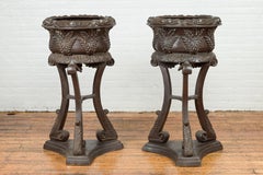 Tall Bronze European Style Tripod Planter with Raised Floral Motifs