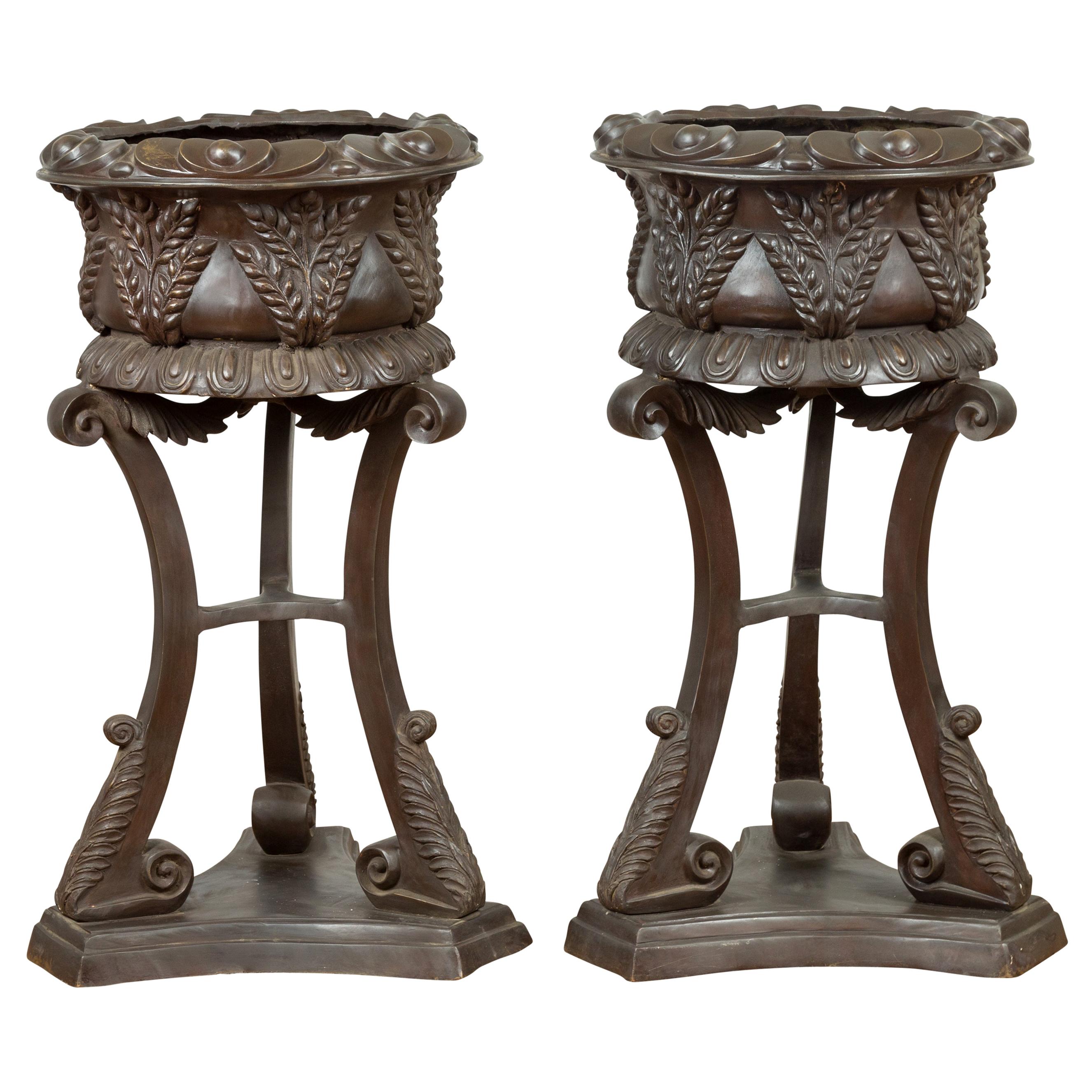 Tall Vintage Bronze European Style Tripod Planter with Raised Floral Motifs For Sale