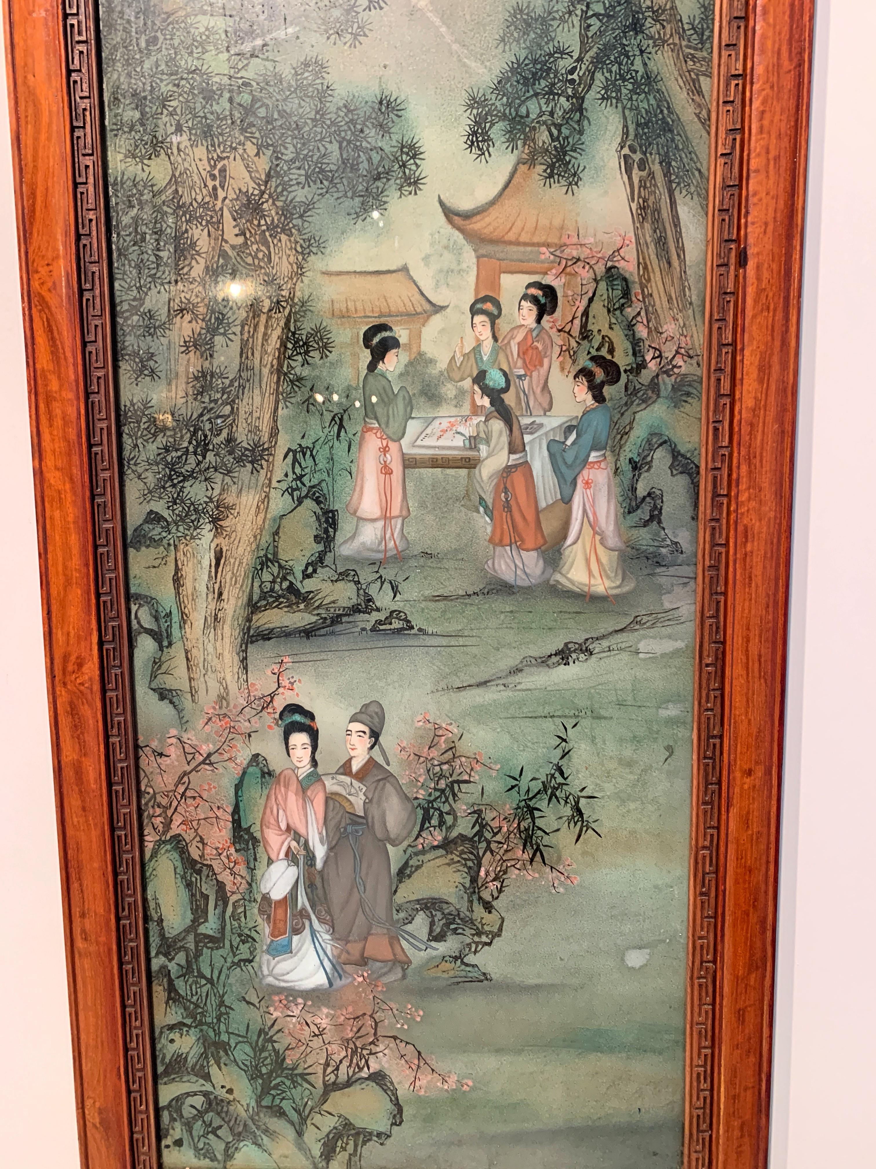 Großes gerahmtes Vintage-Hängelampe, chinesischer Export, umgekehrt, Glasmalerei, Hartholz (Qing-Dynastie) im Angebot