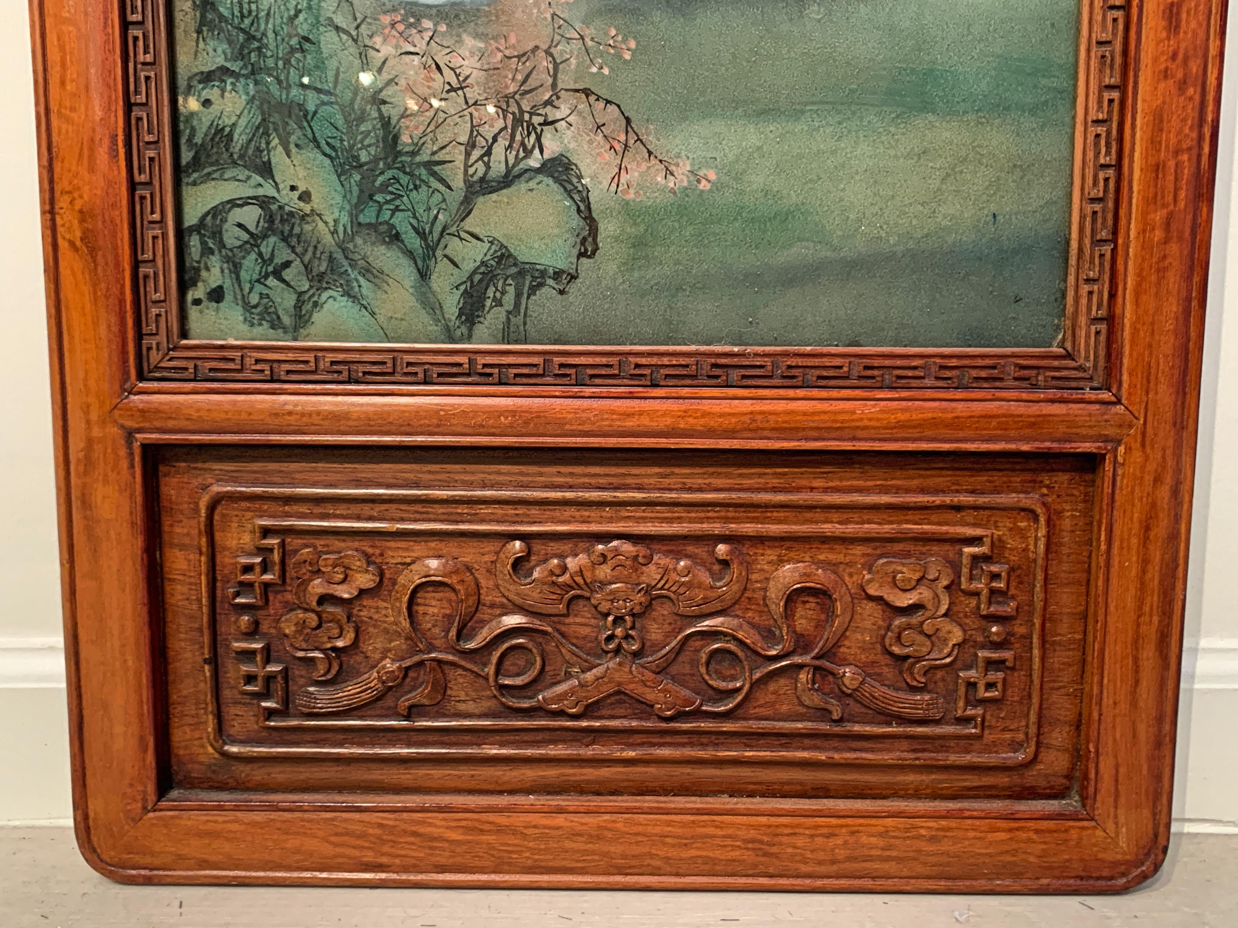 Hand-Carved Tall Vintage Chinese Export Reverse Glass Painted Hardwood Framed Hanging Panel For Sale