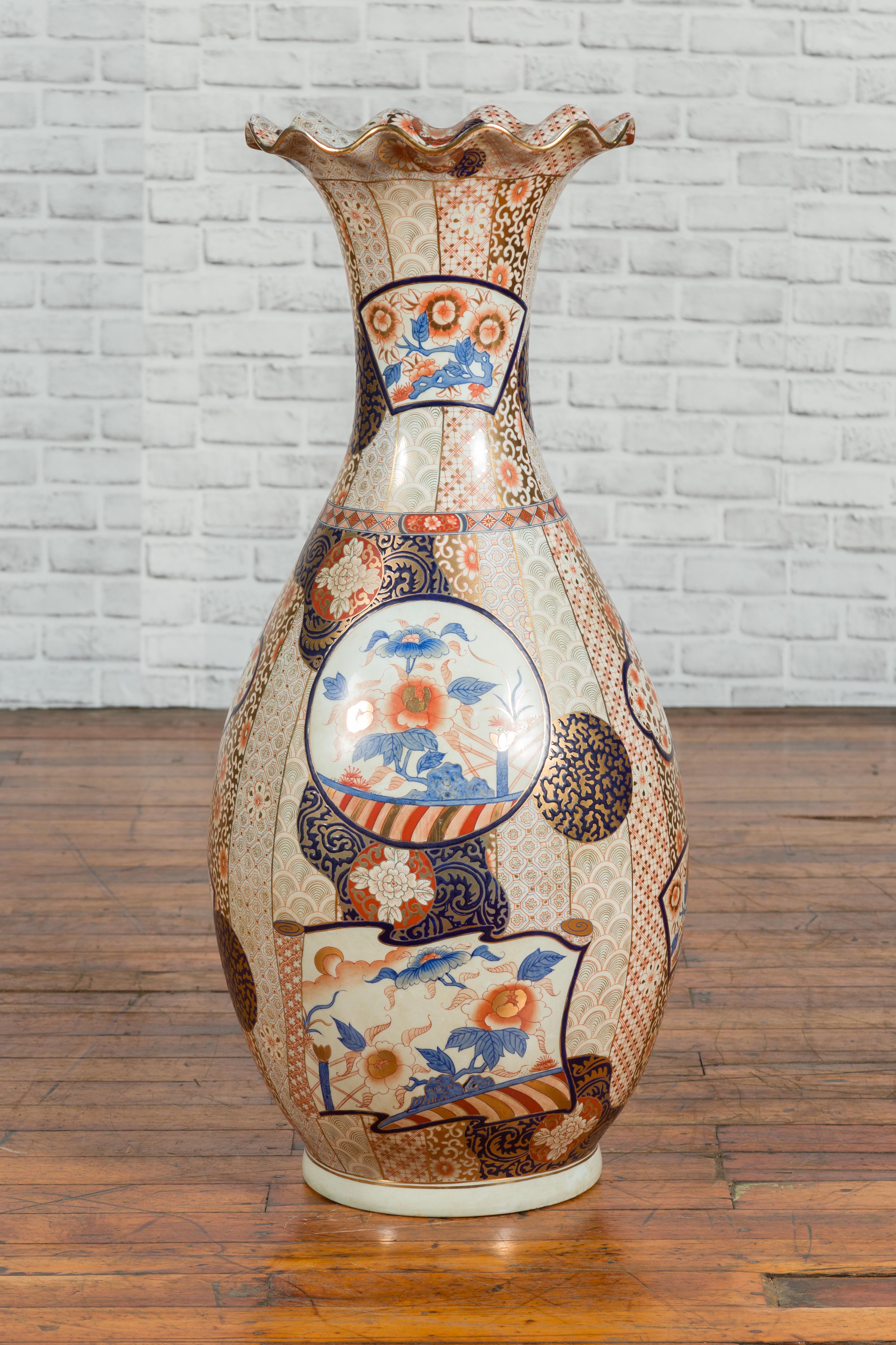 Tall Vintage Chinese Vase with Hand Painted Blue, Orange and Gold Floral Decor For Sale 1