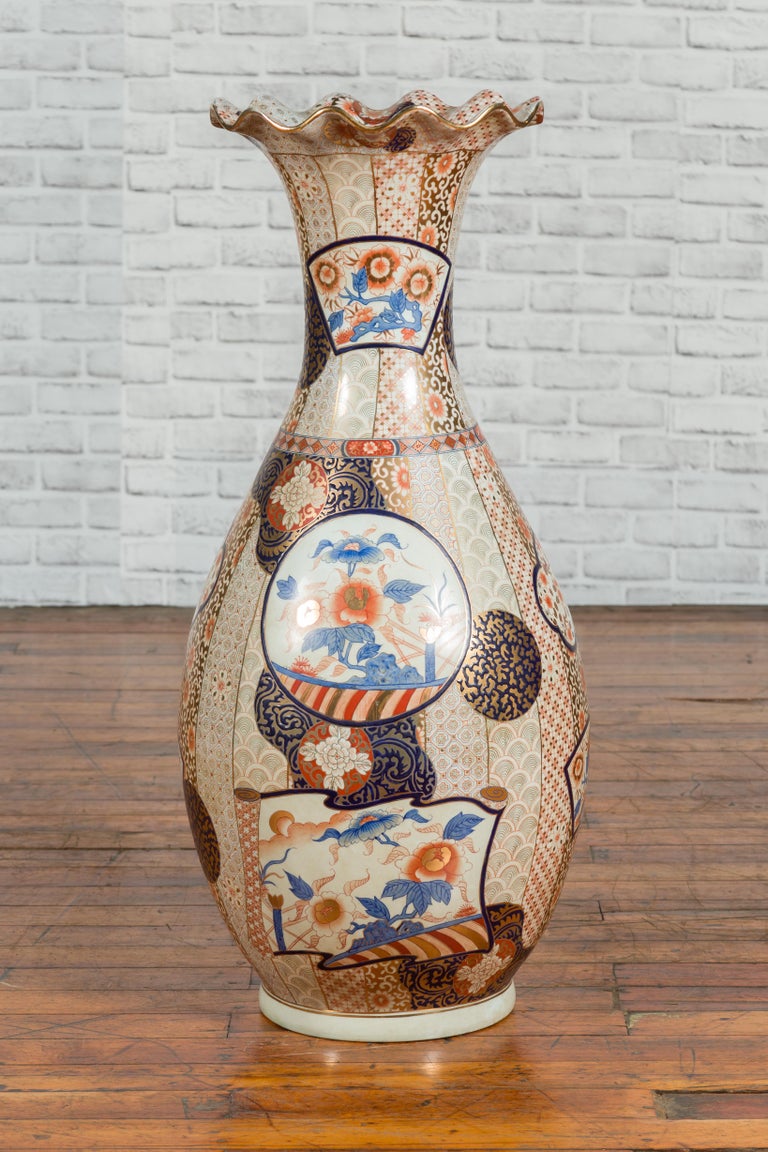Tall Vintage Chinese Vase with Hand Painted Blue, Orange and Gold
