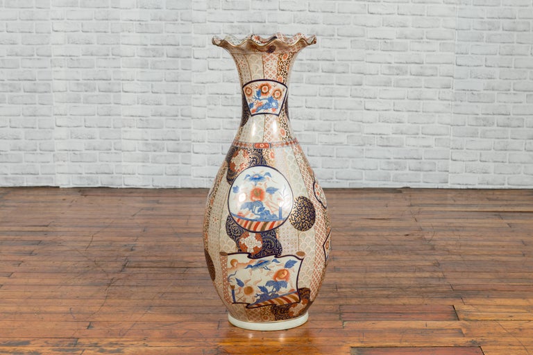 Tall Vintage Chinese Vase with Hand Painted Blue, Orange and Gold