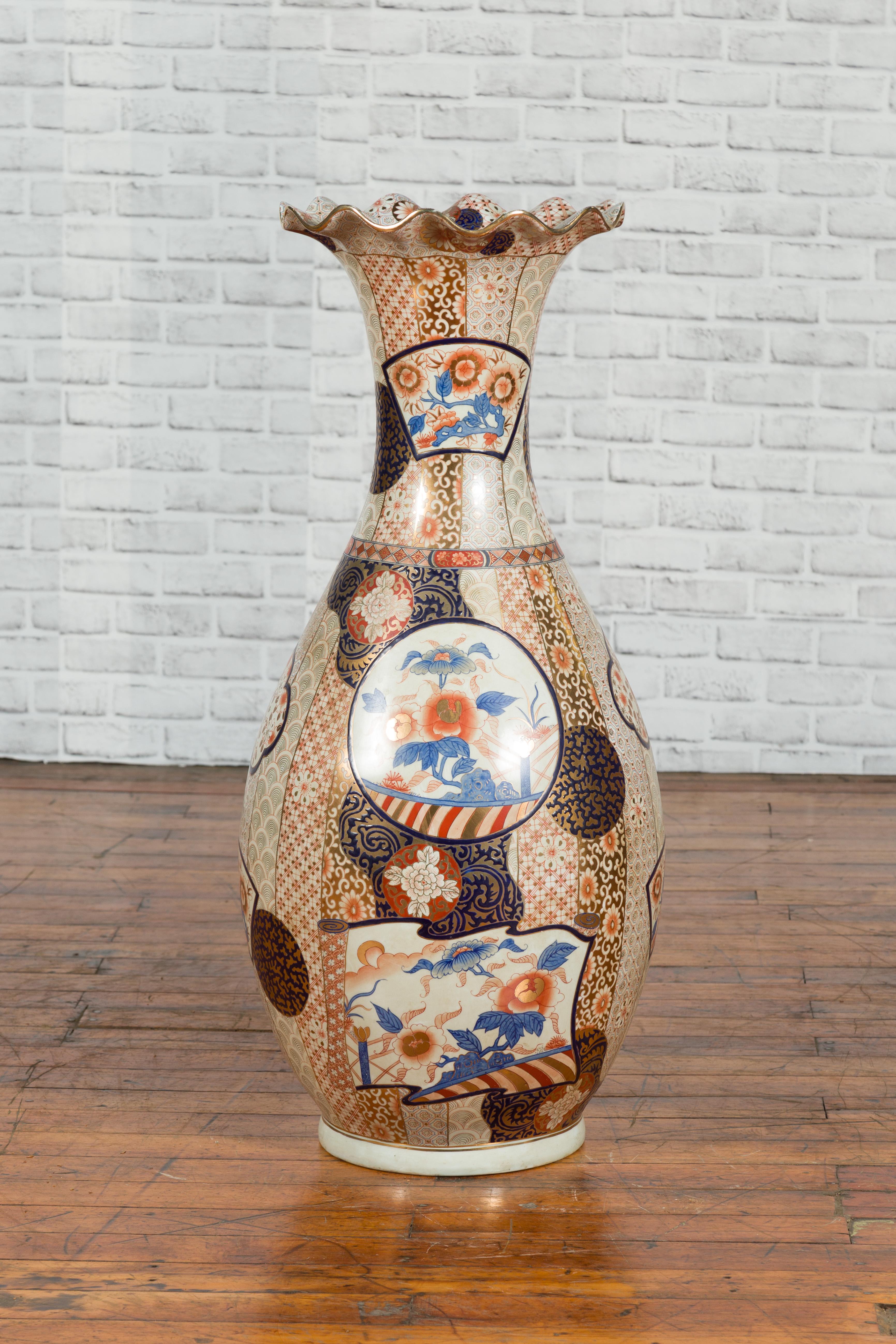Hand-Painted Tall Vintage Chinese Vase with Hand Painted Blue, Orange and Gold Floral Decor For Sale