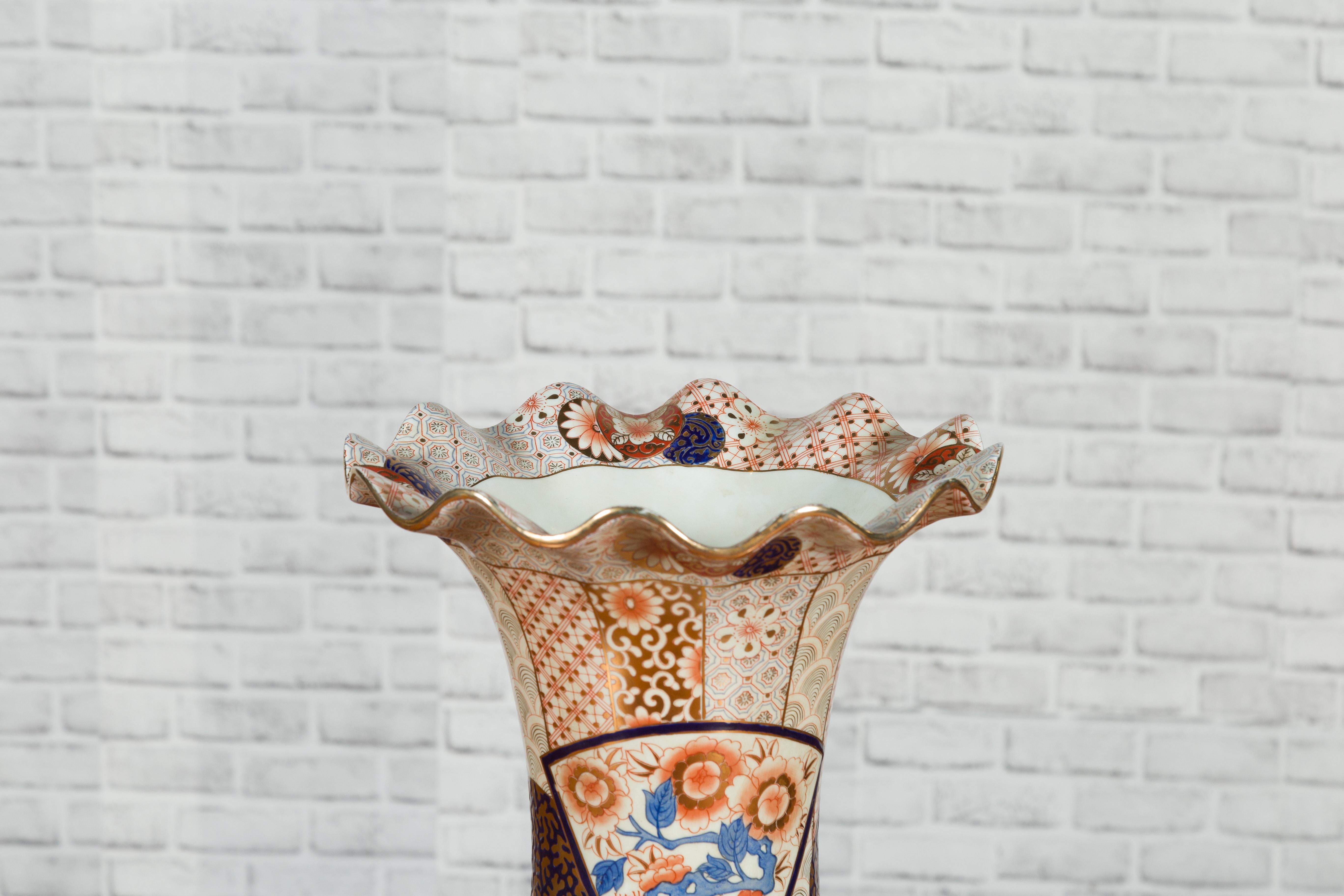 Tall Vintage Chinese Vase with Hand Painted Blue, Orange and Gold Floral Decor In Good Condition For Sale In Yonkers, NY