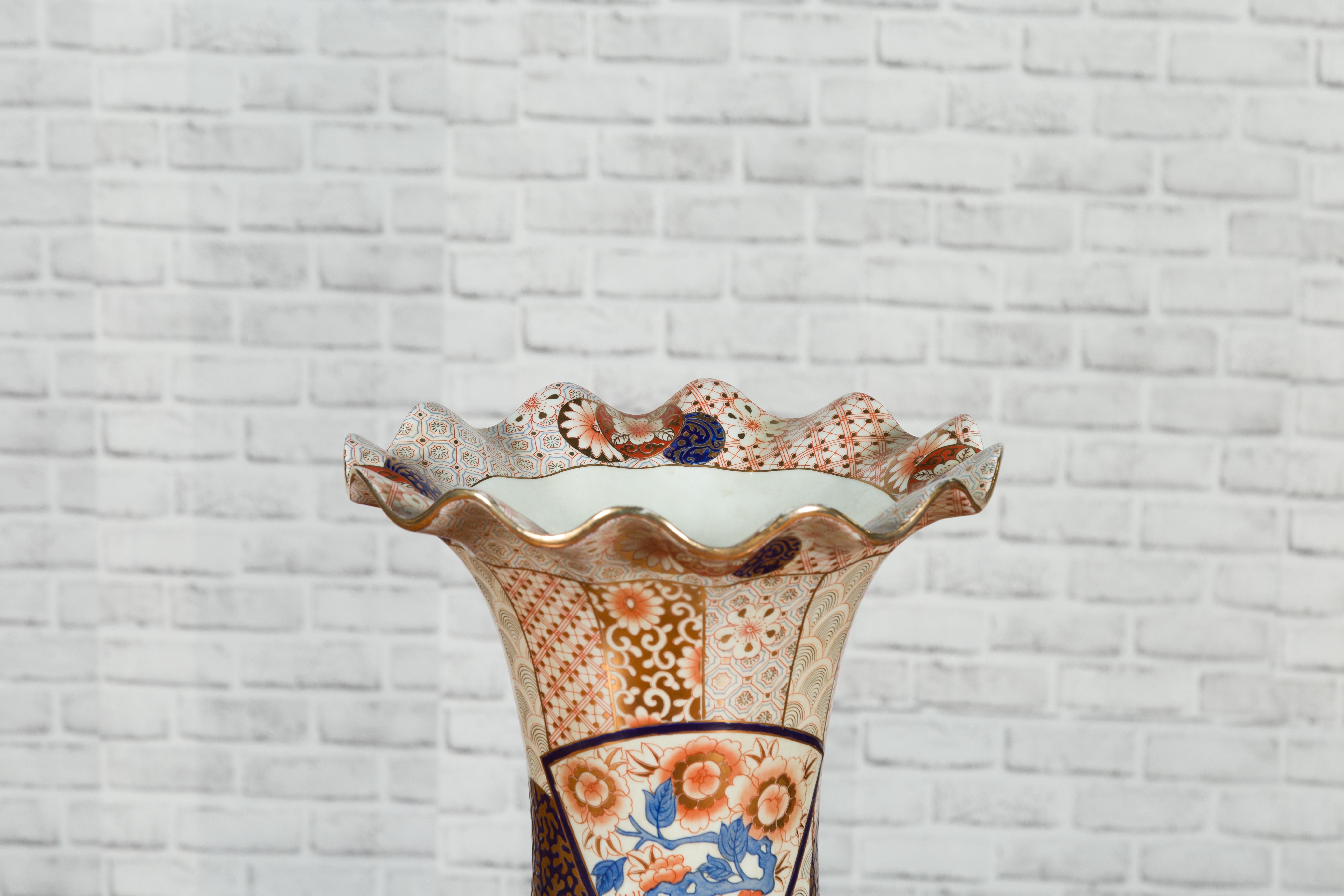 Hand-Painted Arita Japanese Style Vase with Hand Painted Blue, Orange and Gold Floral Decor For Sale