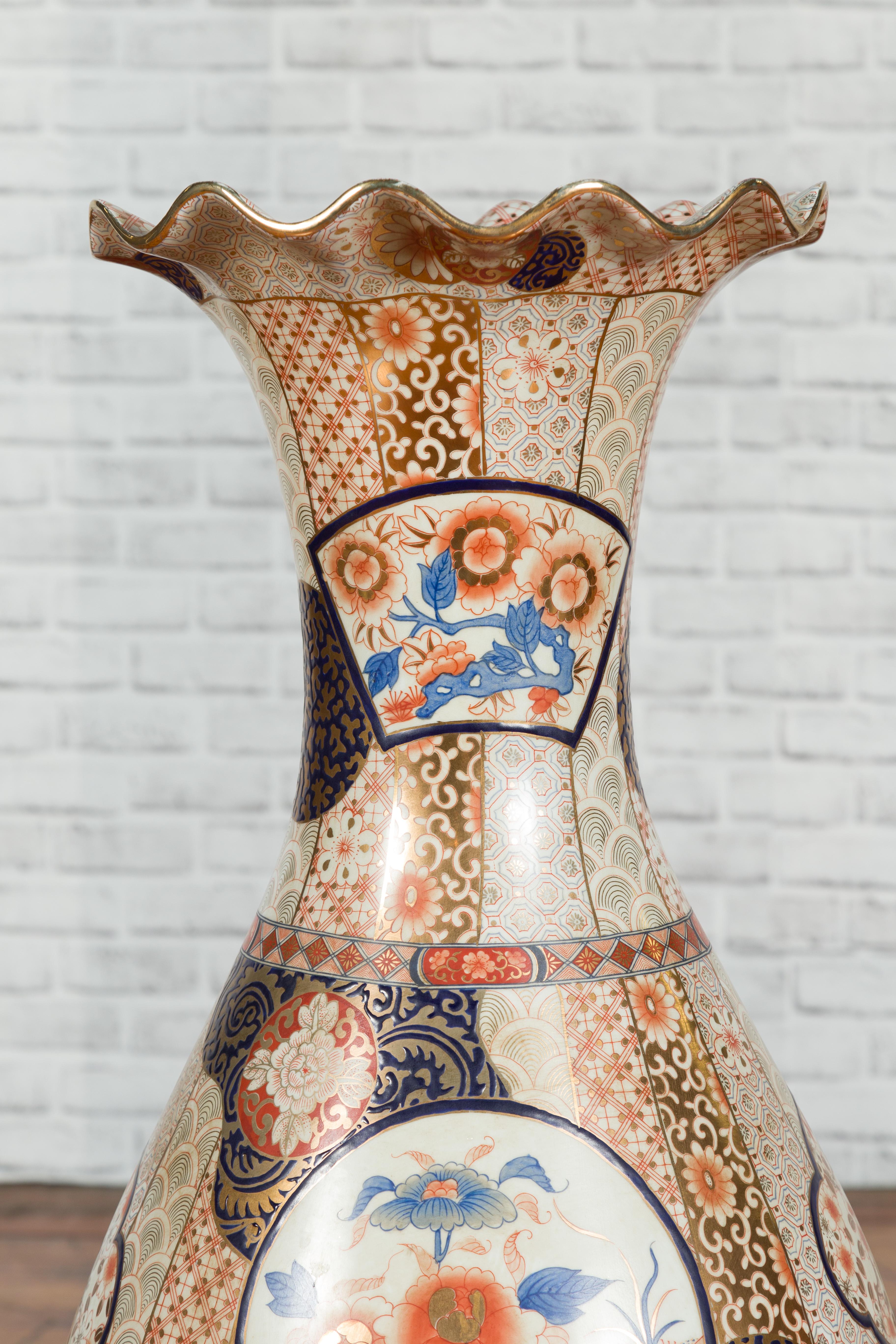 20th Century Tall Vintage Chinese Vase with Hand Painted Blue, Orange and Gold Floral Decor For Sale