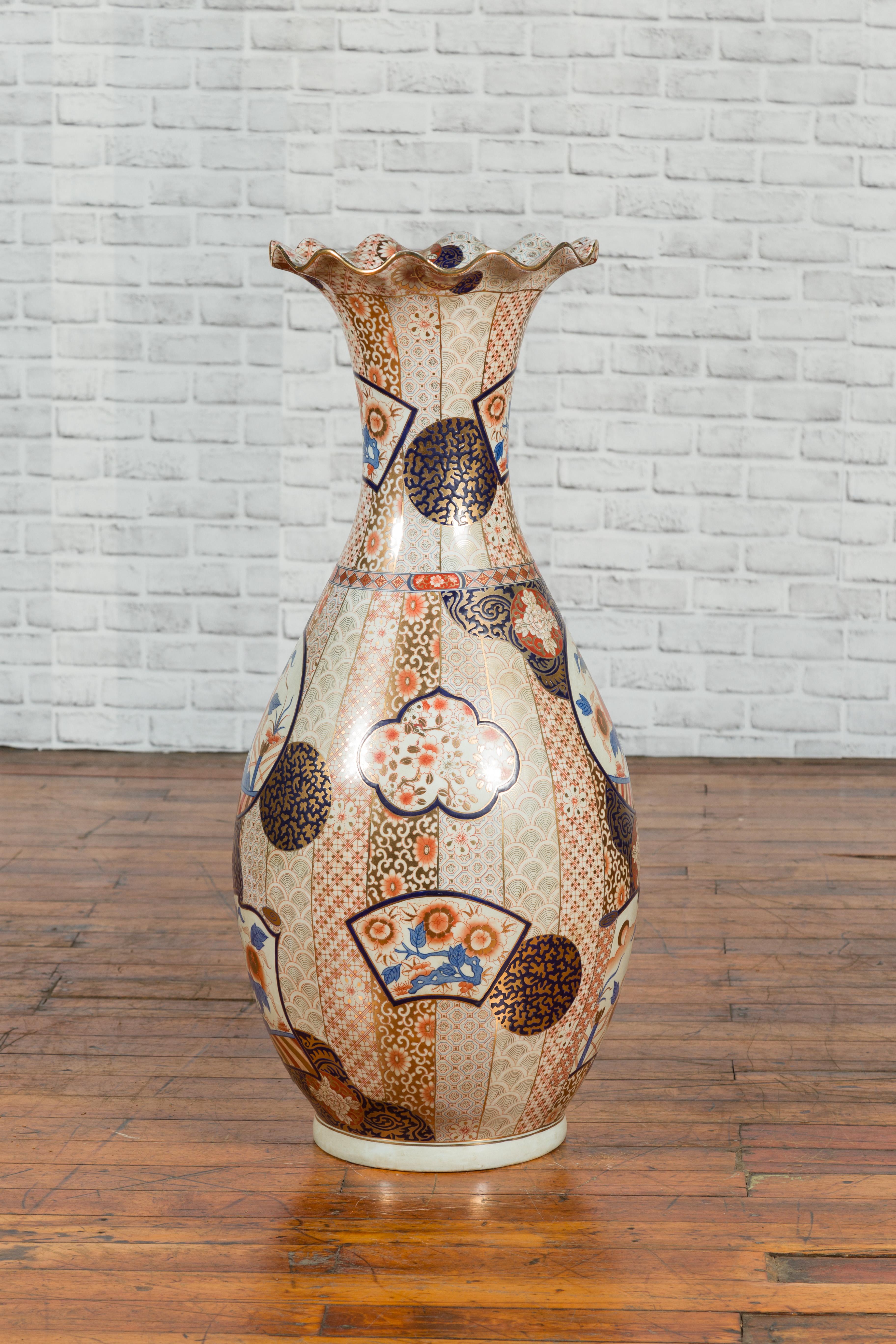 Ceramic Tall Vintage Chinese Vase with Hand Painted Blue, Orange and Gold Floral Decor For Sale