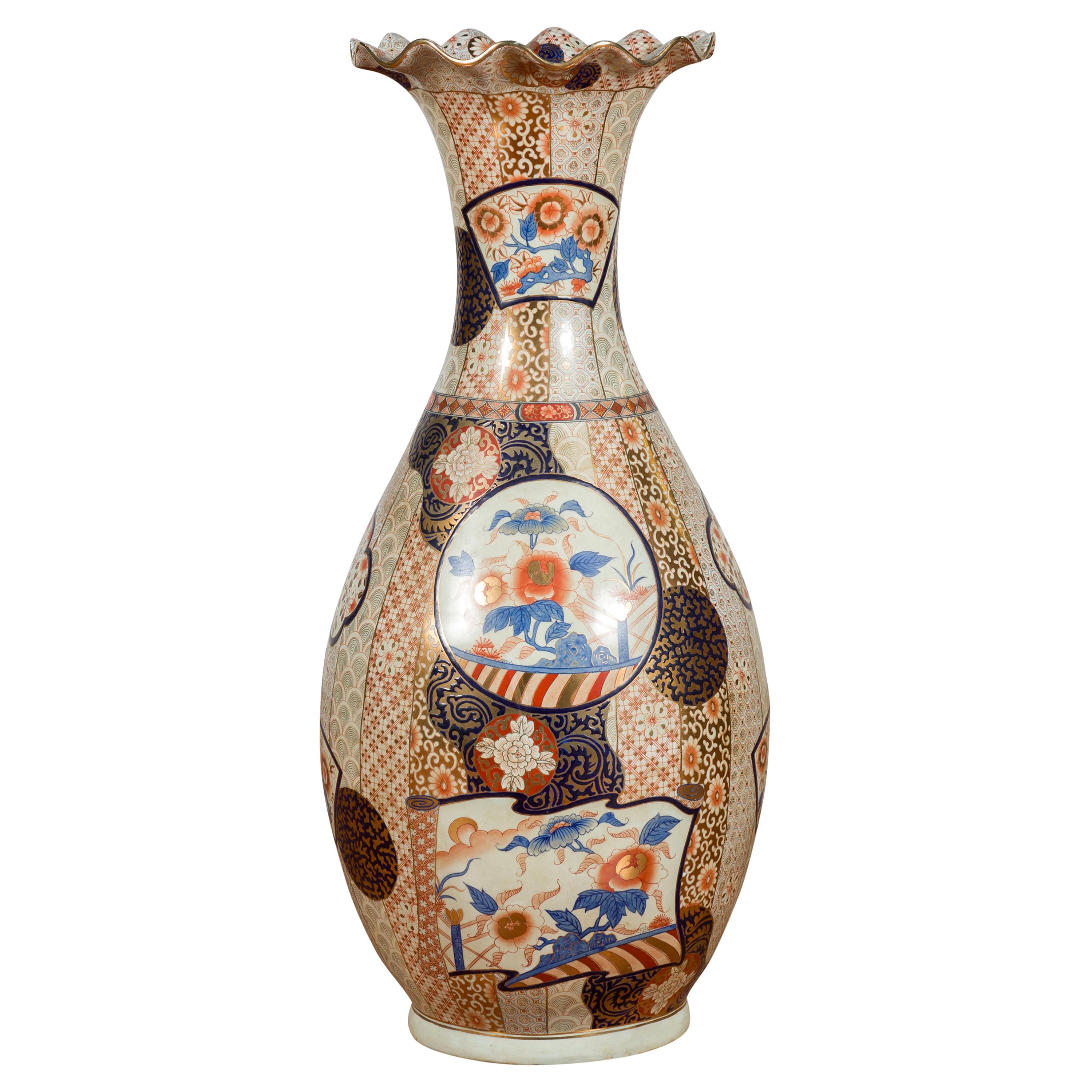 Tall Vintage Chinese Vase with Hand Painted Blue, Orange and Gold Floral Decor