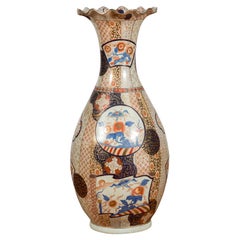 Grand vase chinois vintage avec décor floral peint à la main, bleu, orange et or