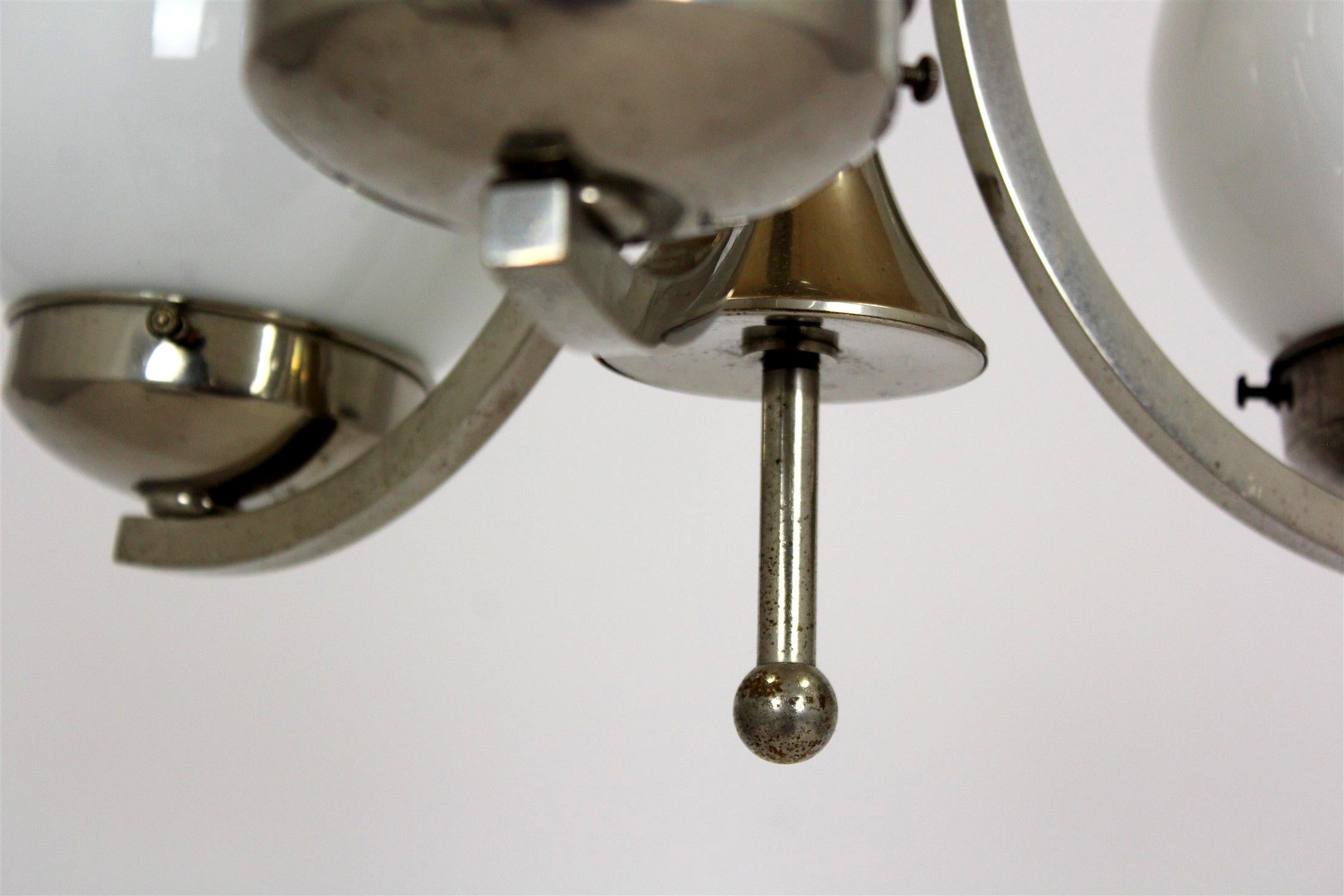 Tall Vintage Czech Bauhaus Pendant Lamp with Opaline Glass Globes, 1940s For Sale 5