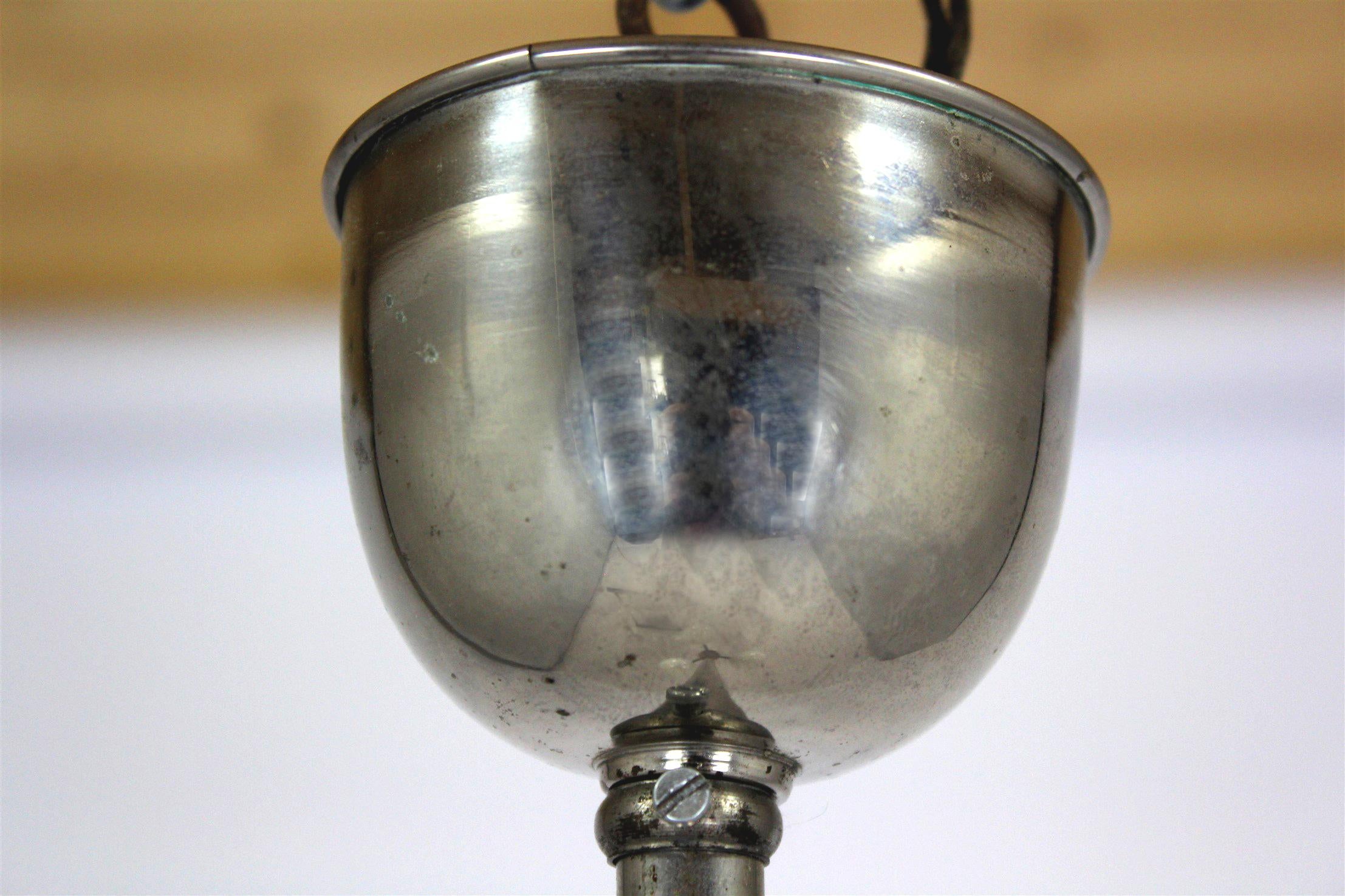 Tall Vintage Czech Bauhaus Pendant Lamp with Opaline Glass Globes, 1940s For Sale 6