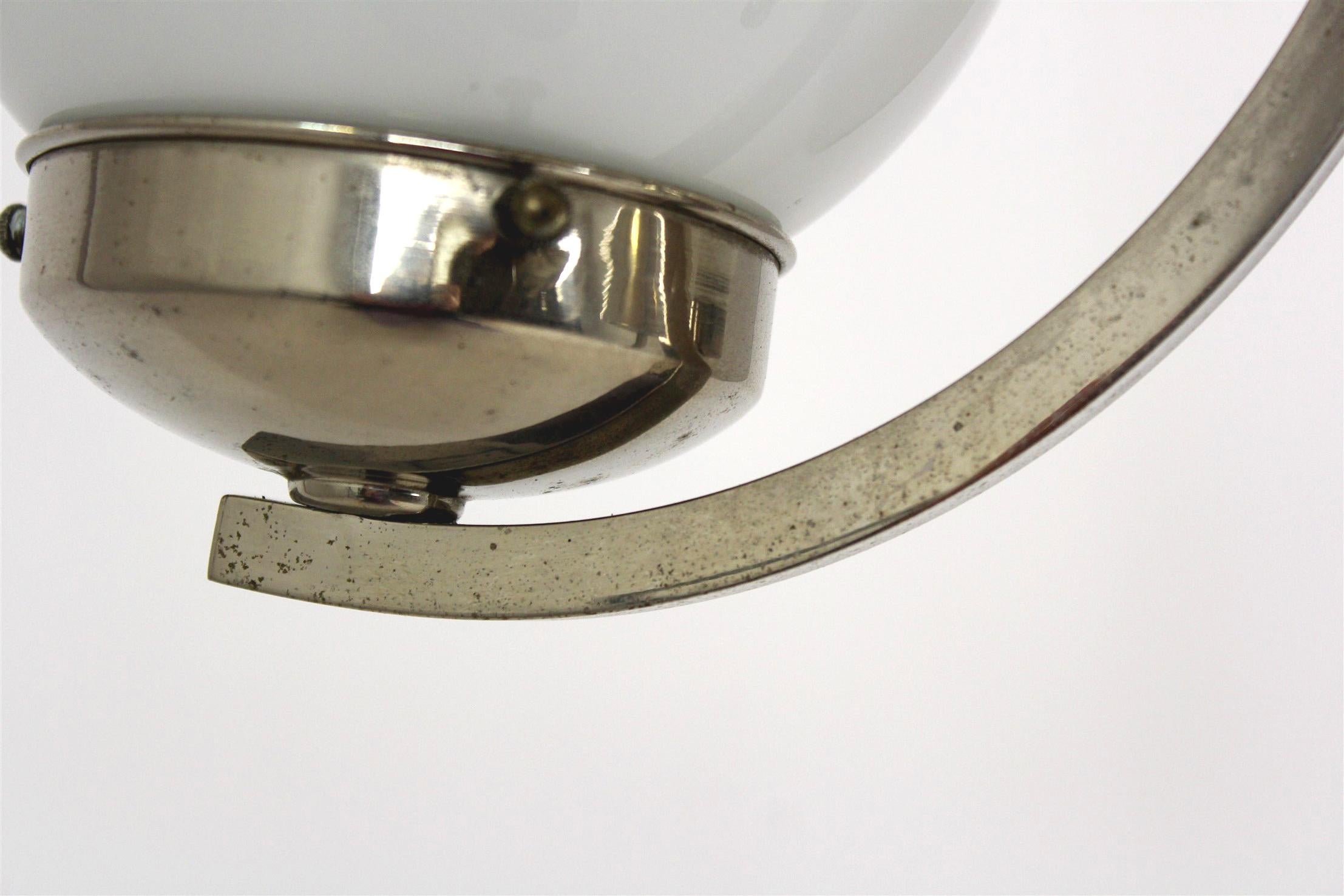 Tall Vintage Czech Bauhaus Pendant Lamp with Opaline Glass Globes, 1940s For Sale 8
