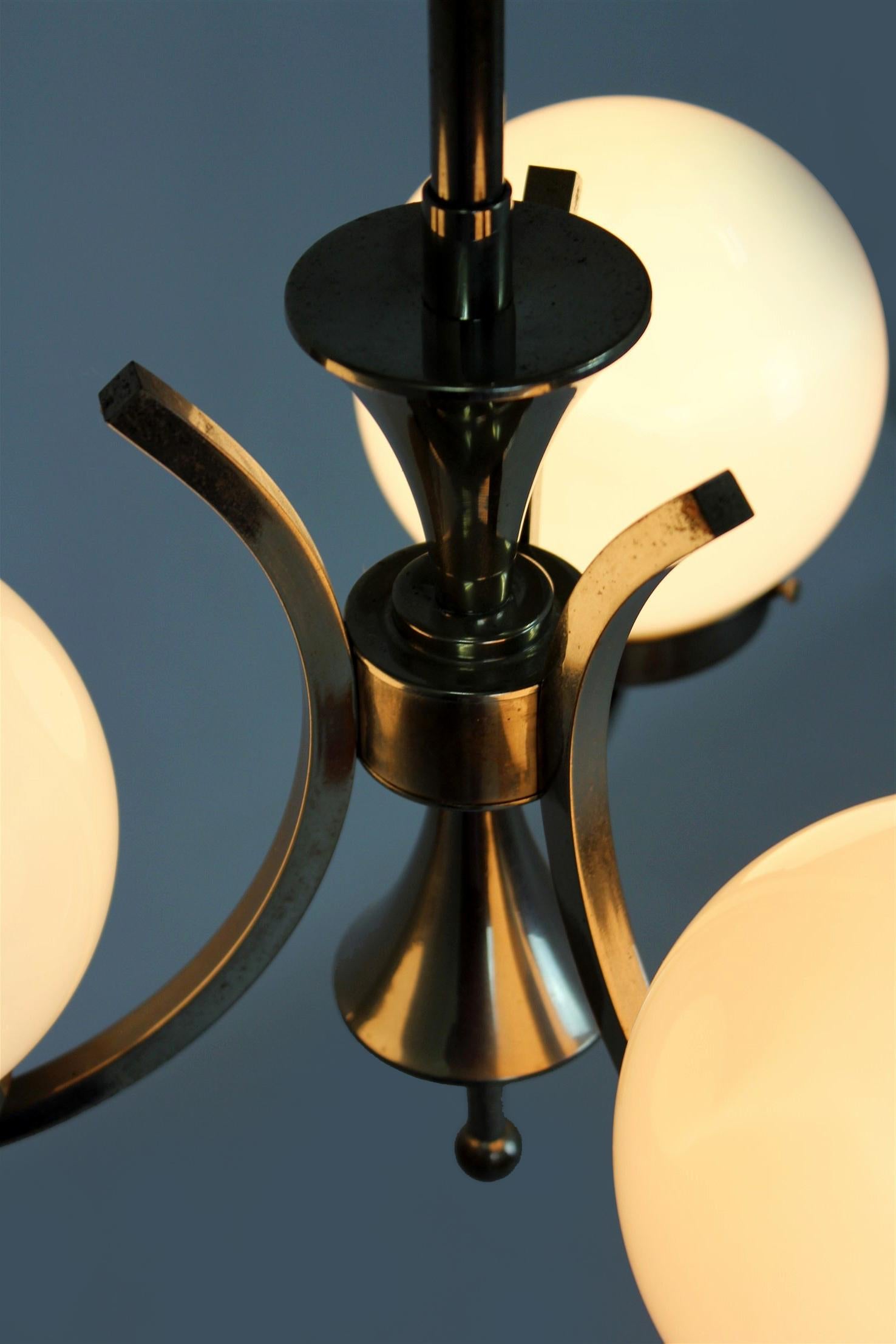 Tall Vintage Czech Bauhaus Pendant Lamp with Opaline Glass Globes, 1940s For Sale 9