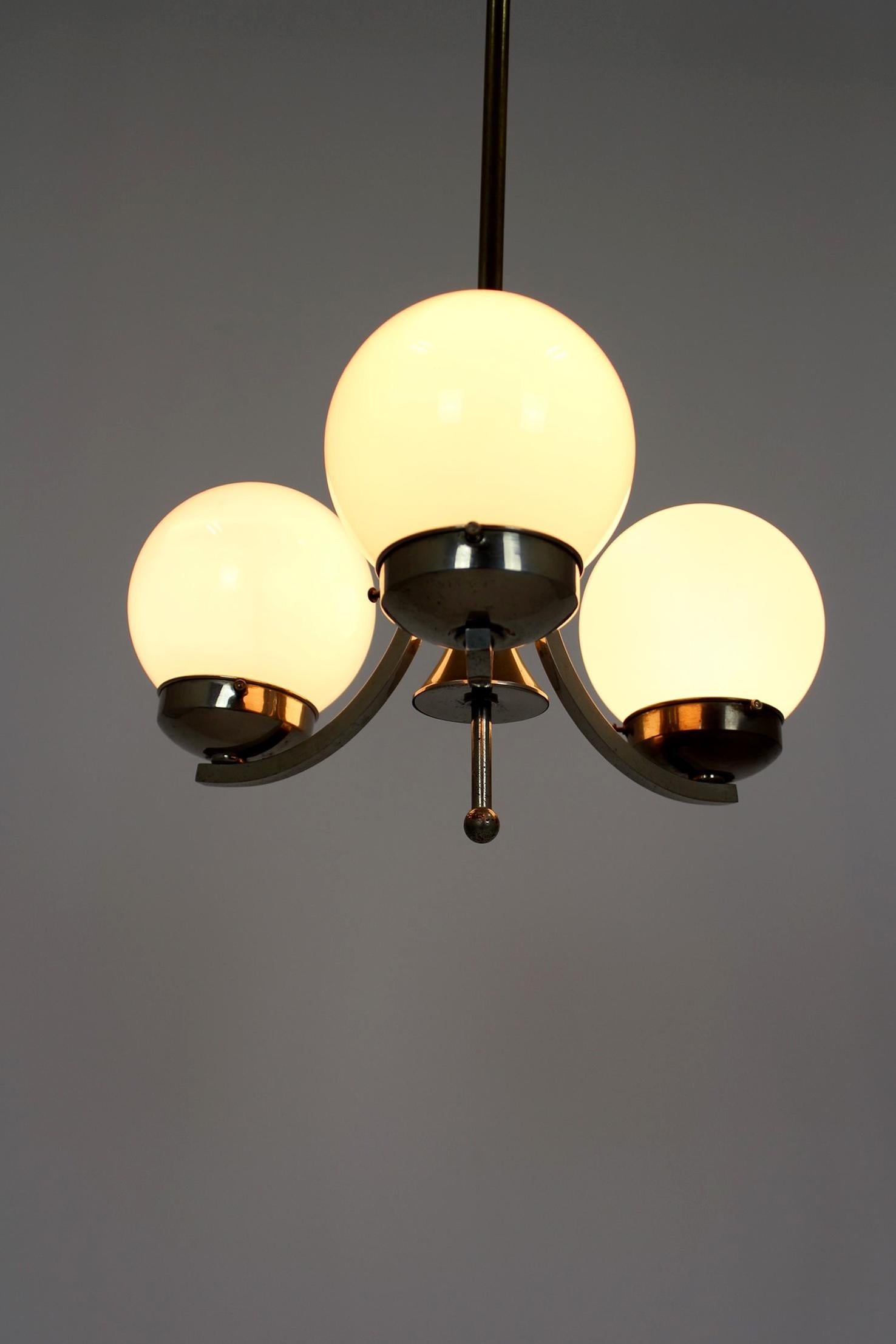Tall Vintage Czech Bauhaus Pendant Lamp with Opaline Glass Globes, 1940s For Sale 10