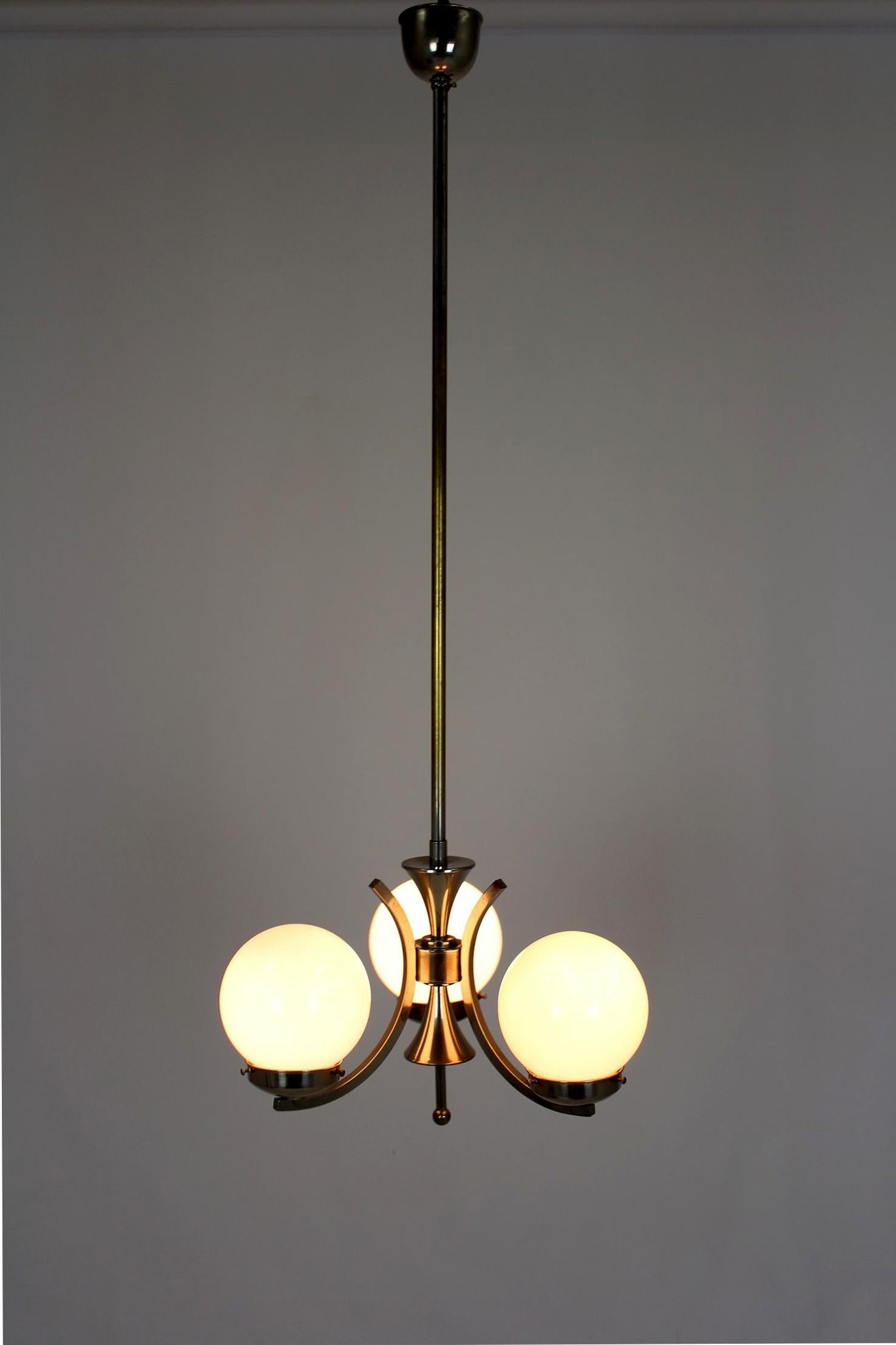 Tall Vintage Czech Bauhaus Pendant Lamp with Opaline Glass Globes, 1940s For Sale 11